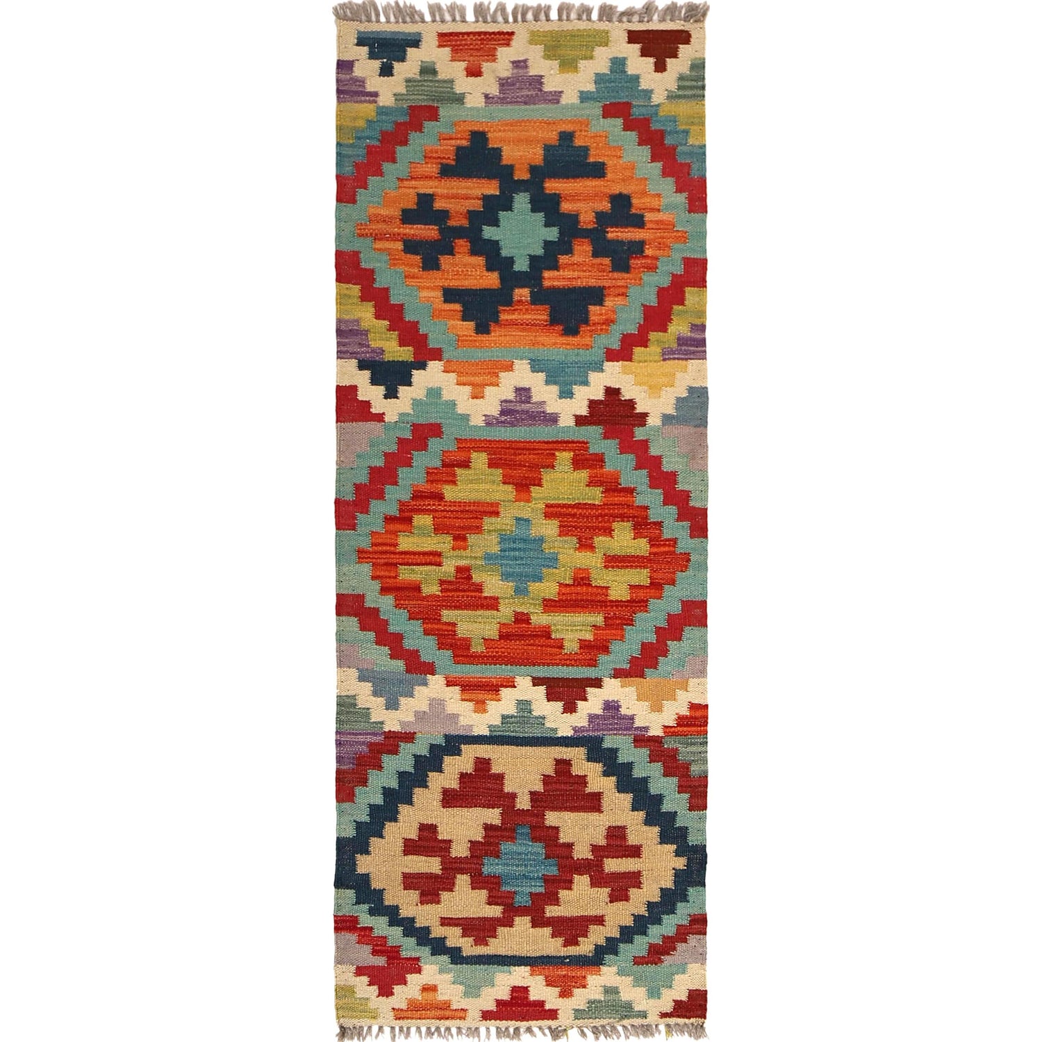 Colorful Flat-Weave Wool Kilim Runner 1' 8" x 4' 9" ft / 52 x 145 cm - No. B30623