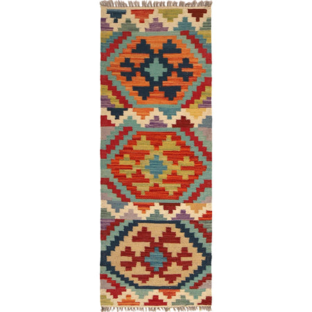 Colorful Flat-Weave Wool Kilim Runner 1' 8" x 4' 9" ft / 52 x 145 cm - No. B30623