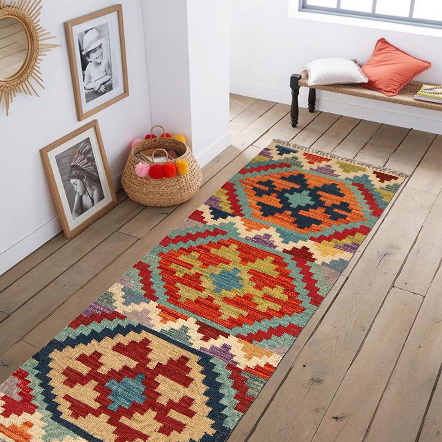 Colorful Flat-Weave Wool Kilim Runner 1' 8" x 4' 9" ft / 52 x 145 cm - No. B30623