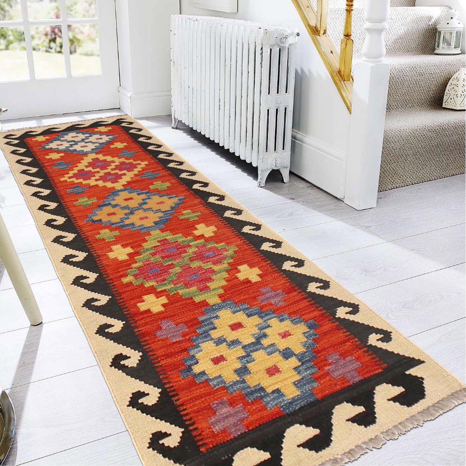 Colorful Flat-Weave Wool Kilim Runner 1' 8" x 4' 11" ft / 51 x 149 cm - No. B30624