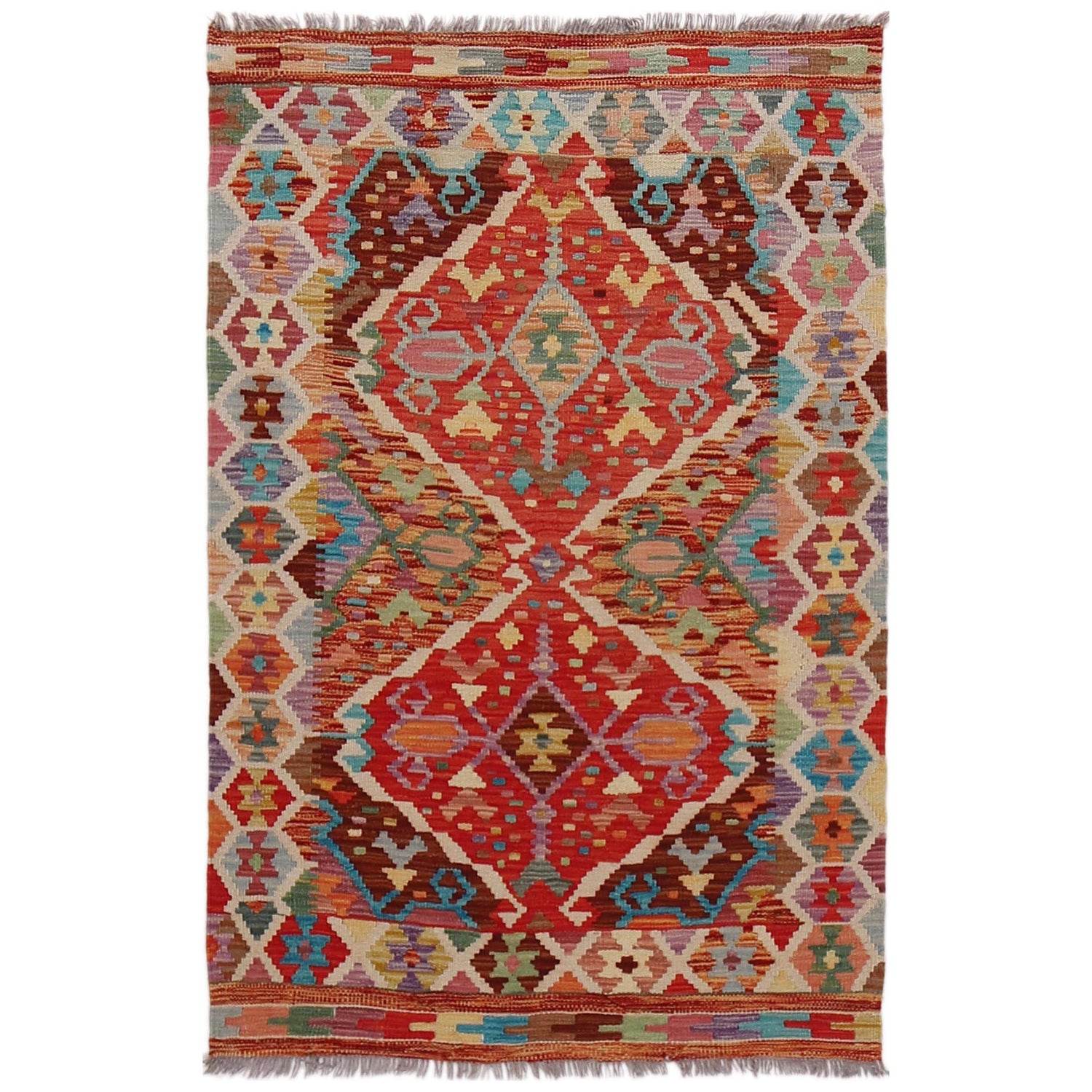 Handmade Afghan Vegetable Kilim 3' 5" x 4' 8" ft / 105 x 143 cm - No. B31925