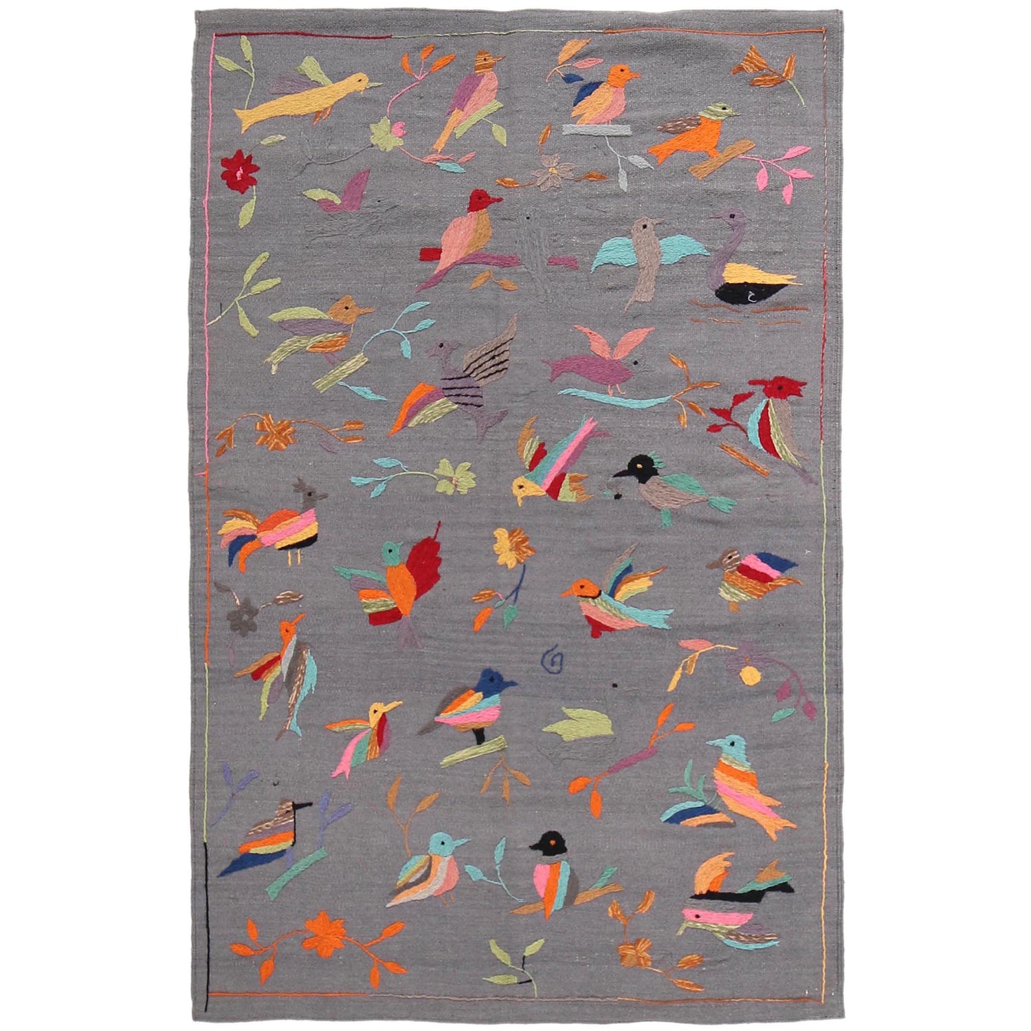 Gray Color Embroidery Flat Weave Kilim 3' 11" x 6' 5" ft / 120 x 196 cm - No. B32082