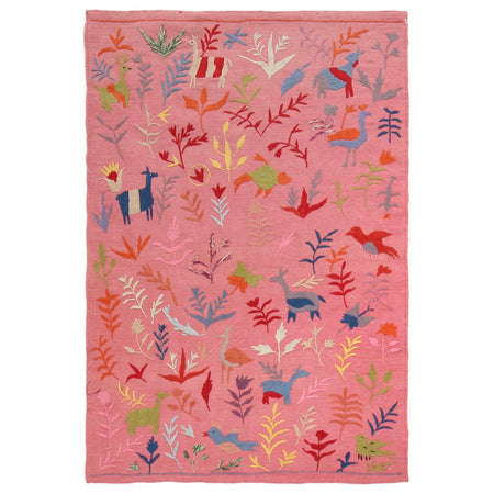 Pink Color Embroidery Flat Weave Kilim 3' 9" x 5' 10" ft / 114 x 178 cm - No. B32085