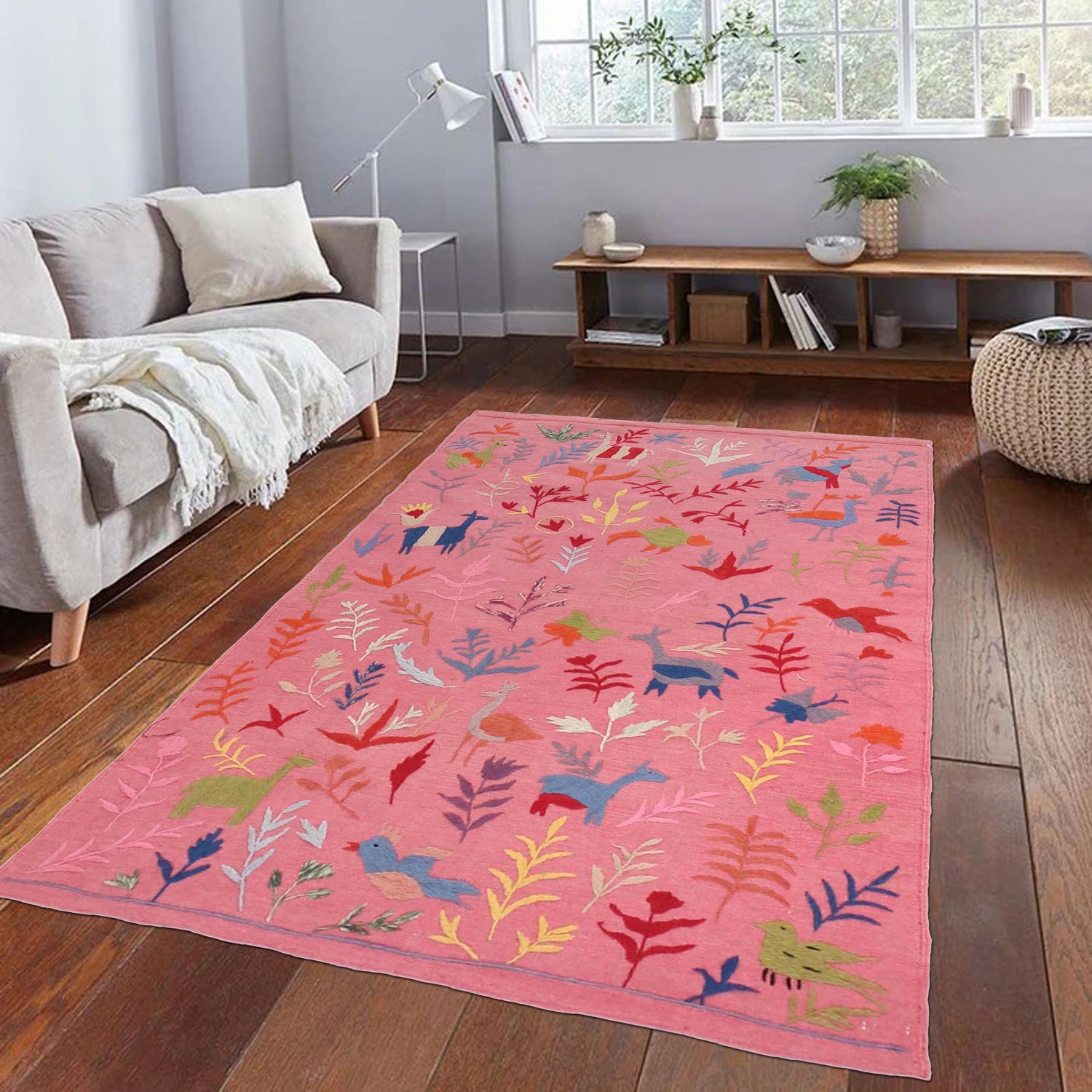 Pink Color Embroidery Flat Weave Kilim 3' 9" x 5' 10" ft / 114 x 178 cm - No. B32085