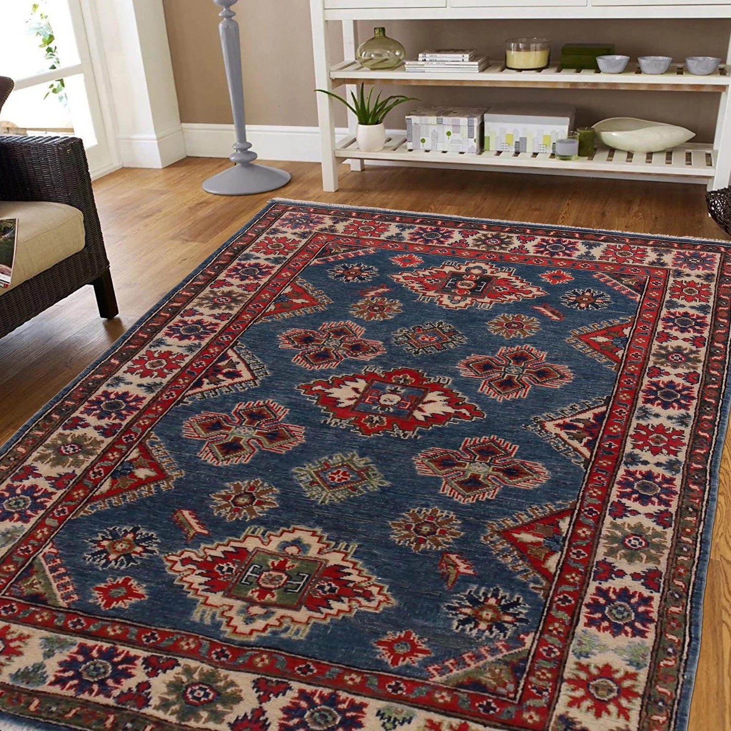 Blue Color Kazak Rug 3' 11" x 5' 9" ft / 120 x 174 cm - No. B34200