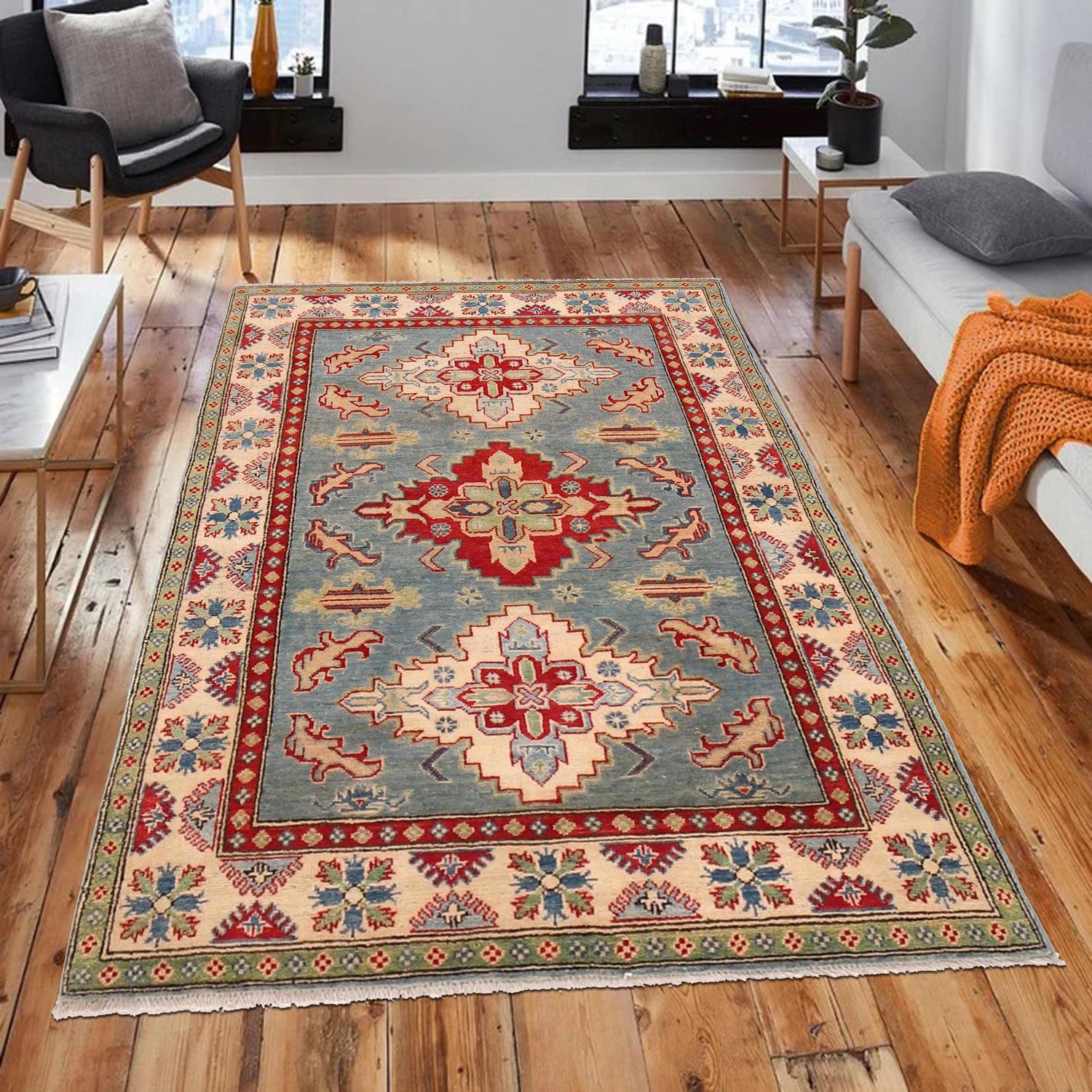 Blue Color Kazak Rug 4' 0" x 5' 9" ft / 123 x 176 cm - No. B34608