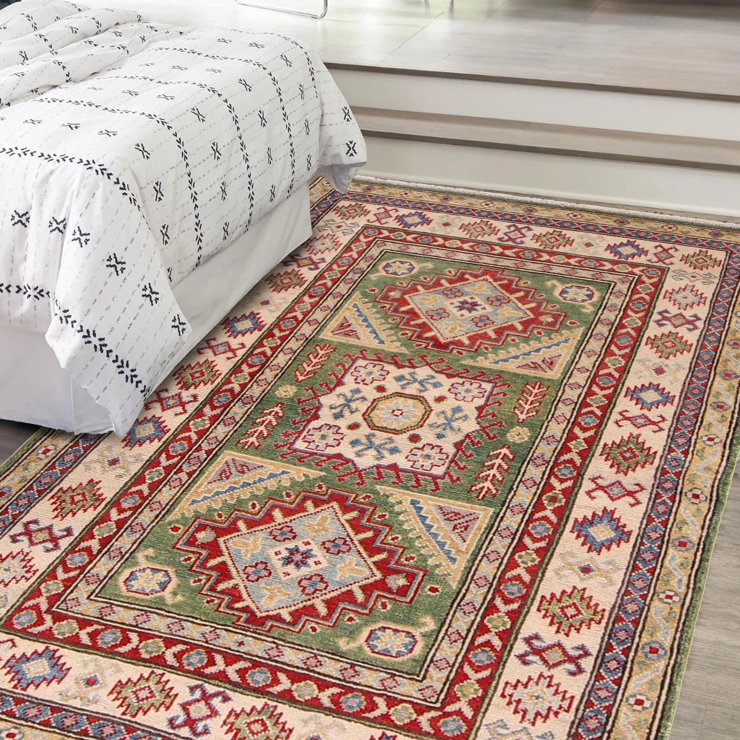 Green Color Kazak Rug 3' 5" x 5' 2" ft / 103 x 157 cm - No. B34618