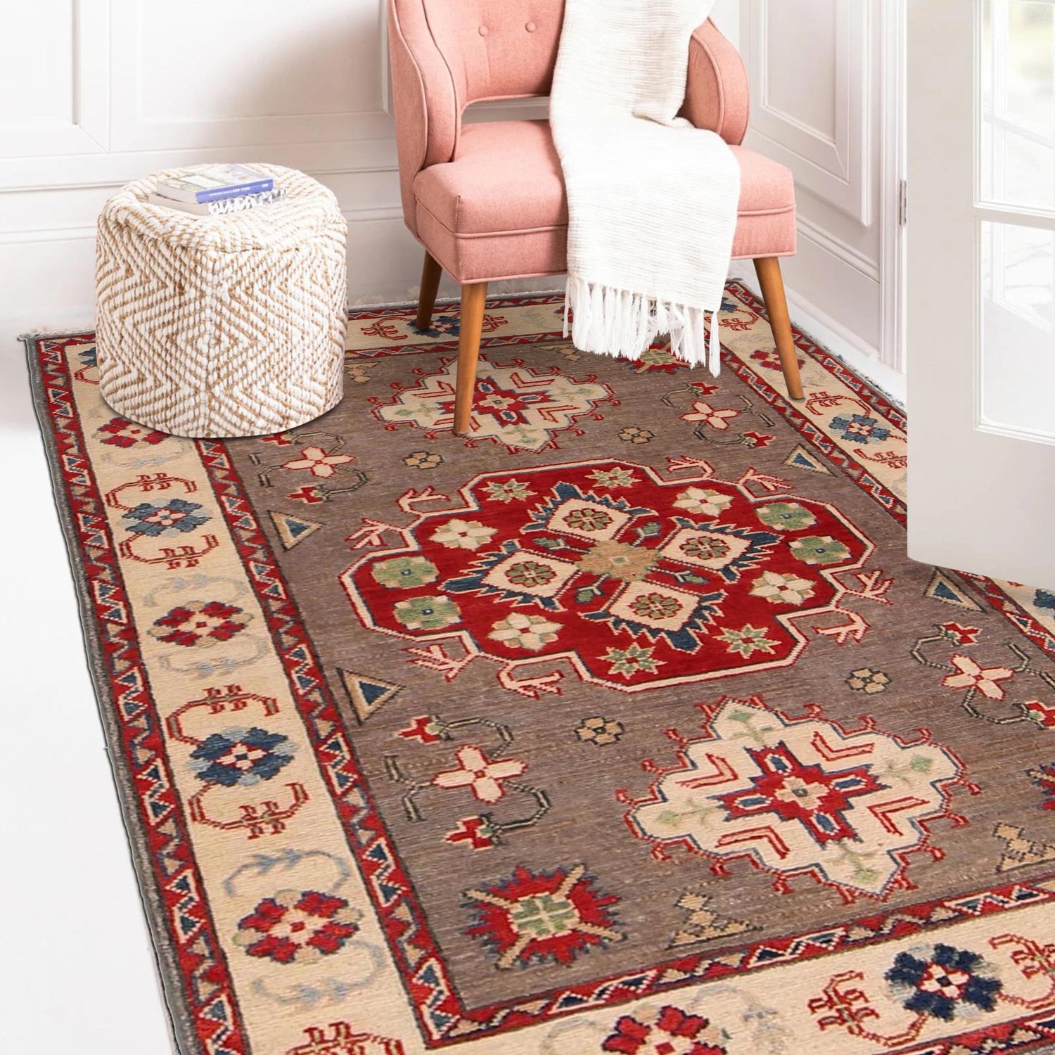 Hand Knotted Kazak Oriental Rug 3' 4" x 4' 11" ft / 102 x 149 cm - No. B34619