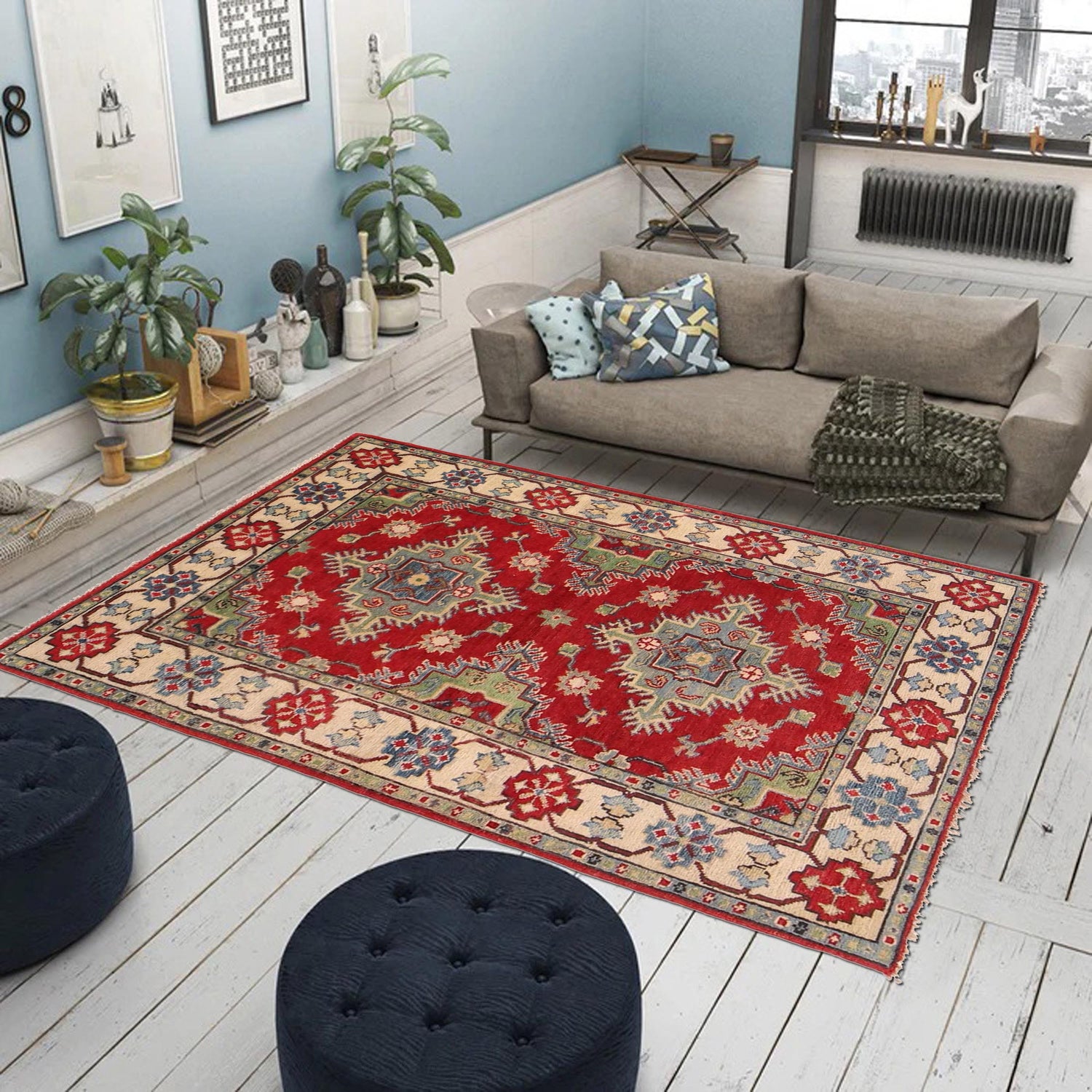 Handmade Kazak Area Rug 3' 3" x 4' 7" ft / 99 x 140 cm - No. B34623