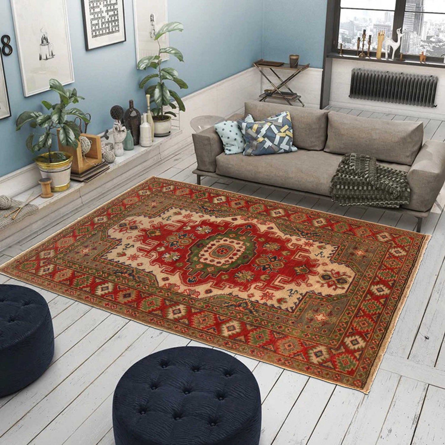 Multi Color Heriz Design Rug 3' 3" x 4' 10" ft / 100 x 148 cm - No. B34684