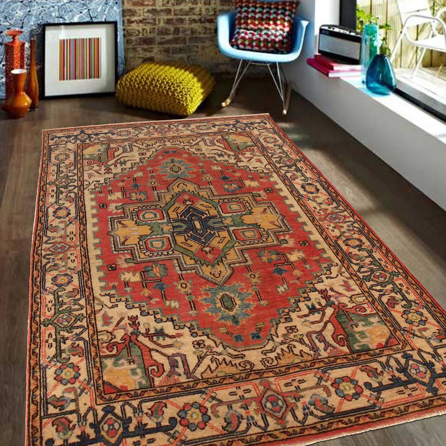 Handmade Persian Design Heriz Carpet 3' 10" x 6' 1" ft / 117 x 186 cm - No. B34690