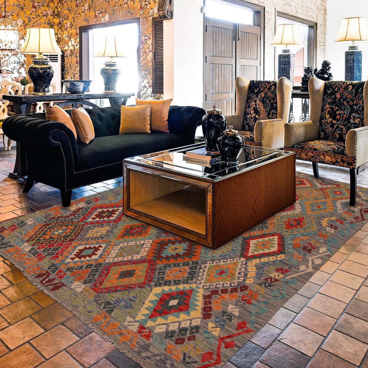 Hand Made Afghan Kilim 5' 11" x 7' 9" ft / 180 x 237 cm - No. B34693