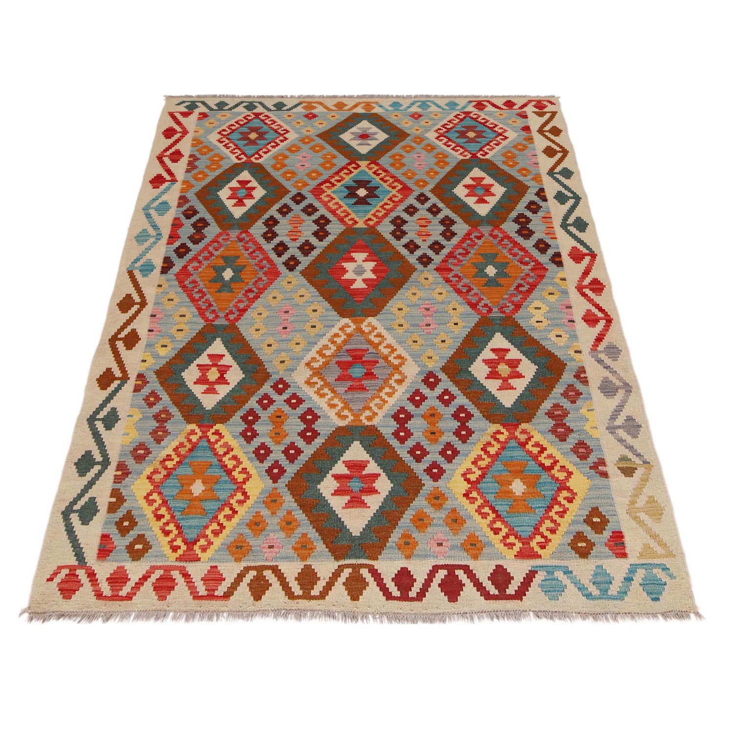 Hand Knotted Afghan Style Kilim 4' 4" x 6' 1" ft / 133 x 185 cm - No. B34706