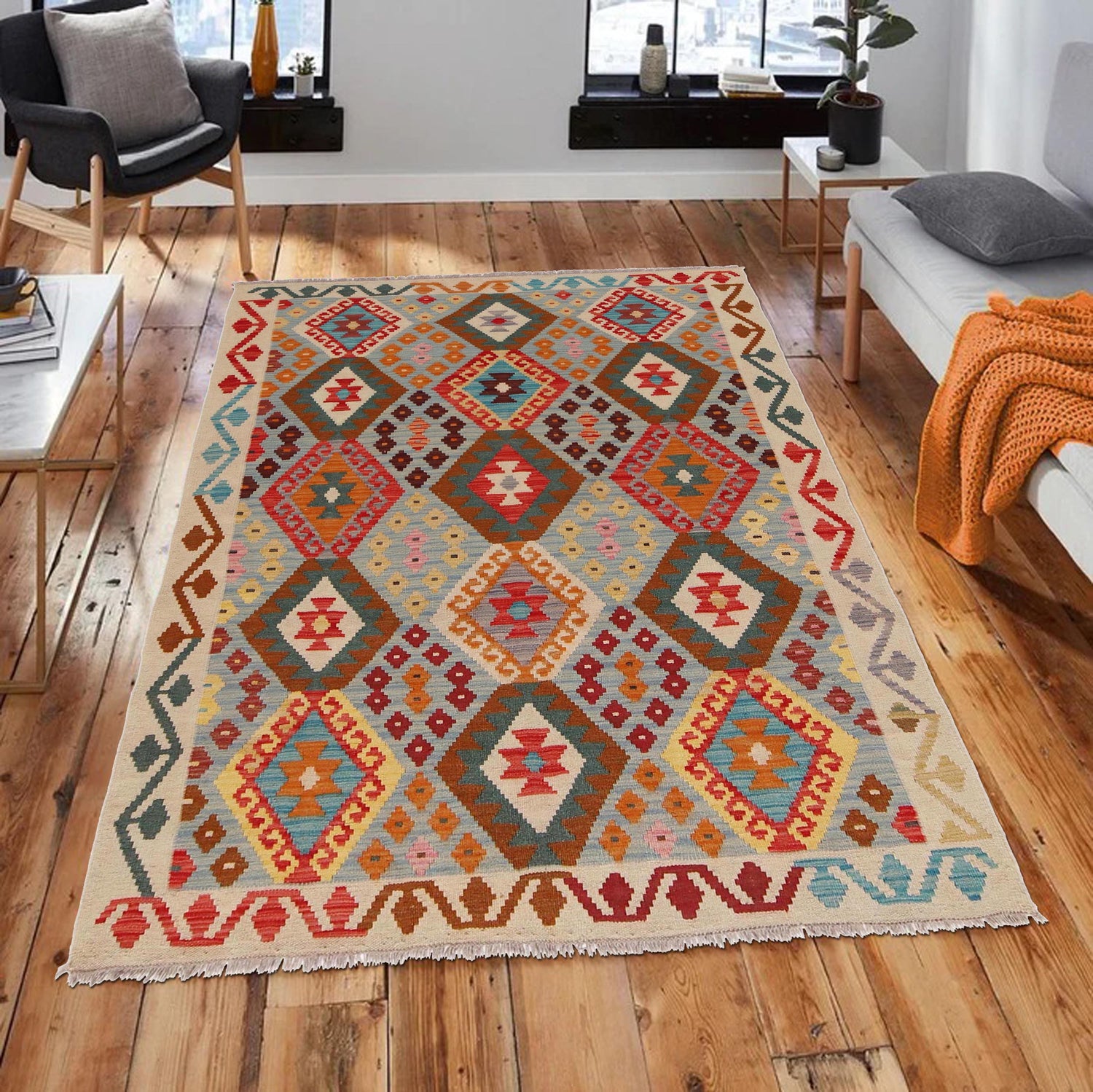 Hand Knotted Afghan Style Kilim 4' 4" x 6' 1" ft / 133 x 185 cm - No. B34706