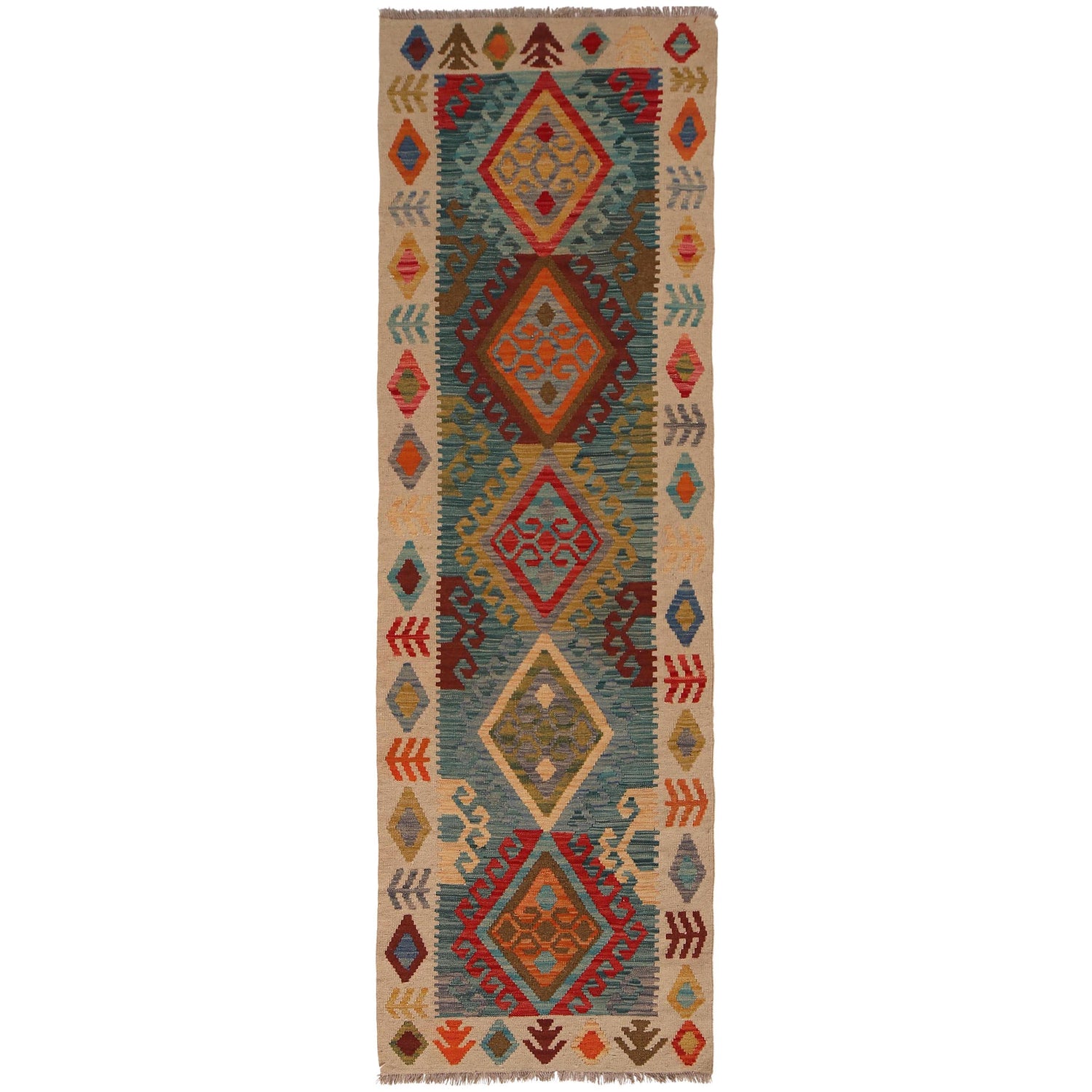 Hand Knotted Afghan Style Kilim Runner 2' 4" x 7' 10" ft / 71 x240 cm - No. B34724