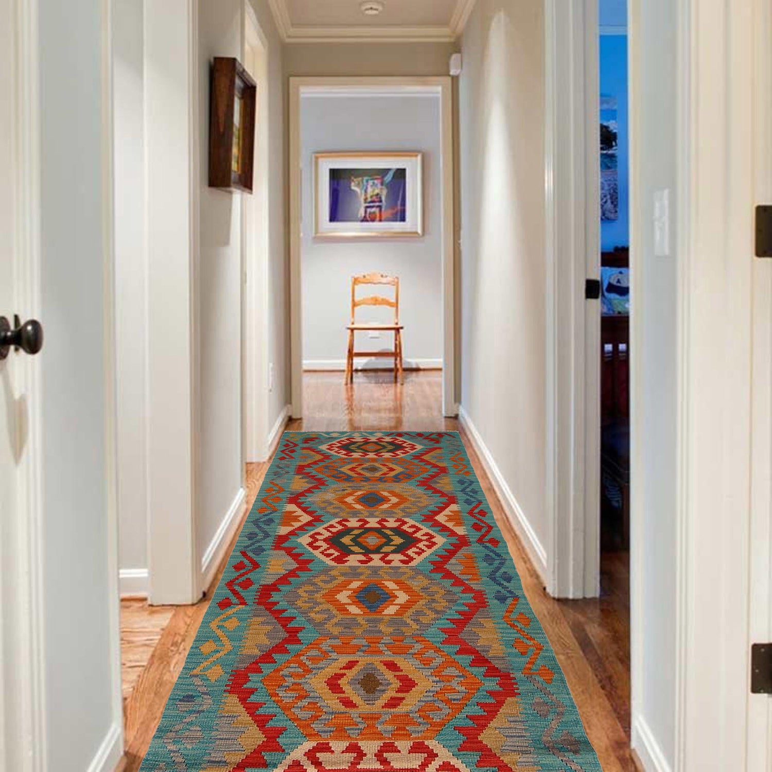 Hand Woven Wool Kelim Runner 2' 8" x 9' 6" ft / 81 x 290 cm - No. B34730