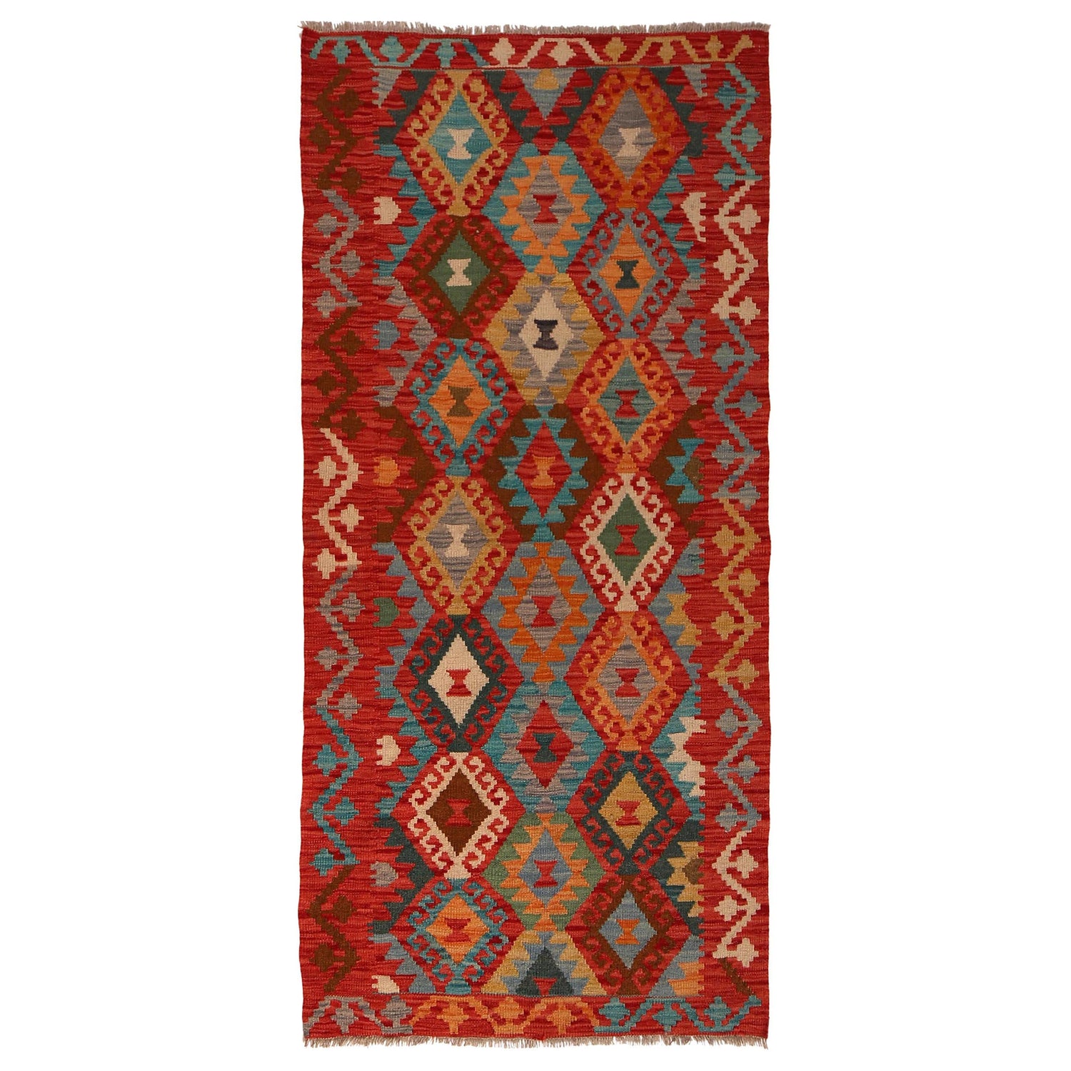 Colorful Flat-Weave Wool Kilim Runner 2' 1"x 6' 6" ft / 88 x 197 cm - No. B34731