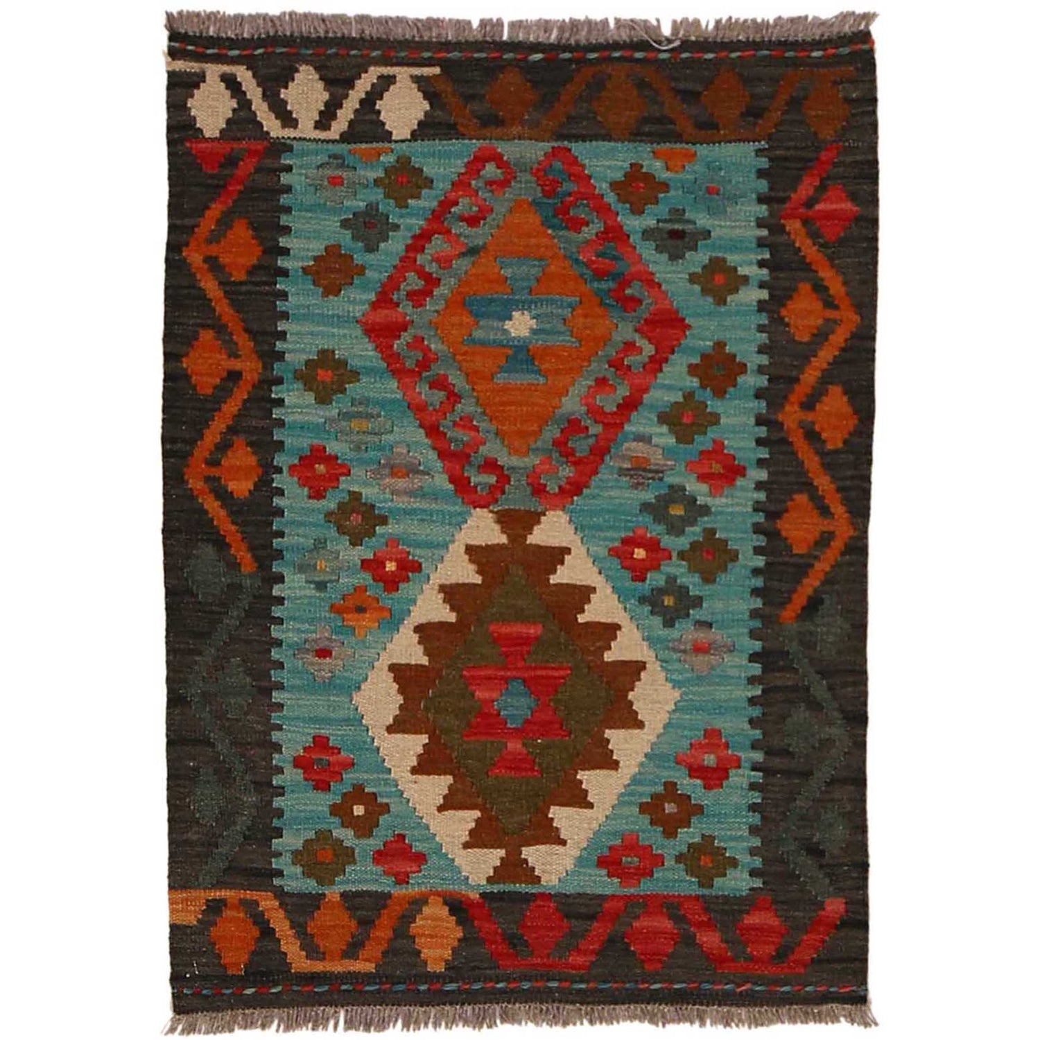 Multi Color ful Flat-Weave Wool Kilim 2' 1" x 2' 10" ft / 64 x 87 cm - No. B35126