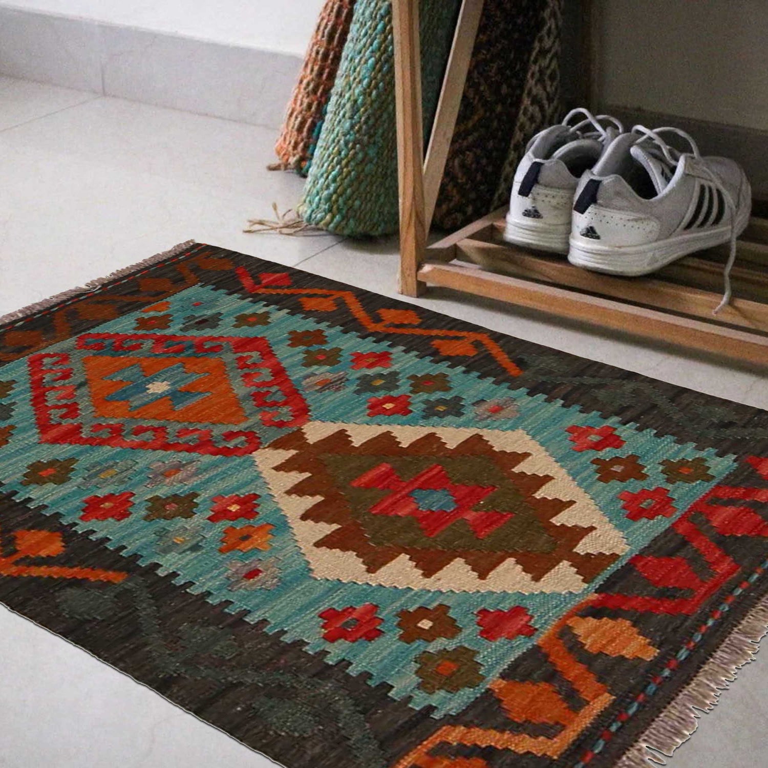 Multi Color ful Flat-Weave Wool Kilim 2' 1" x 2' 10" ft / 64 x 87 cm - No. B35126