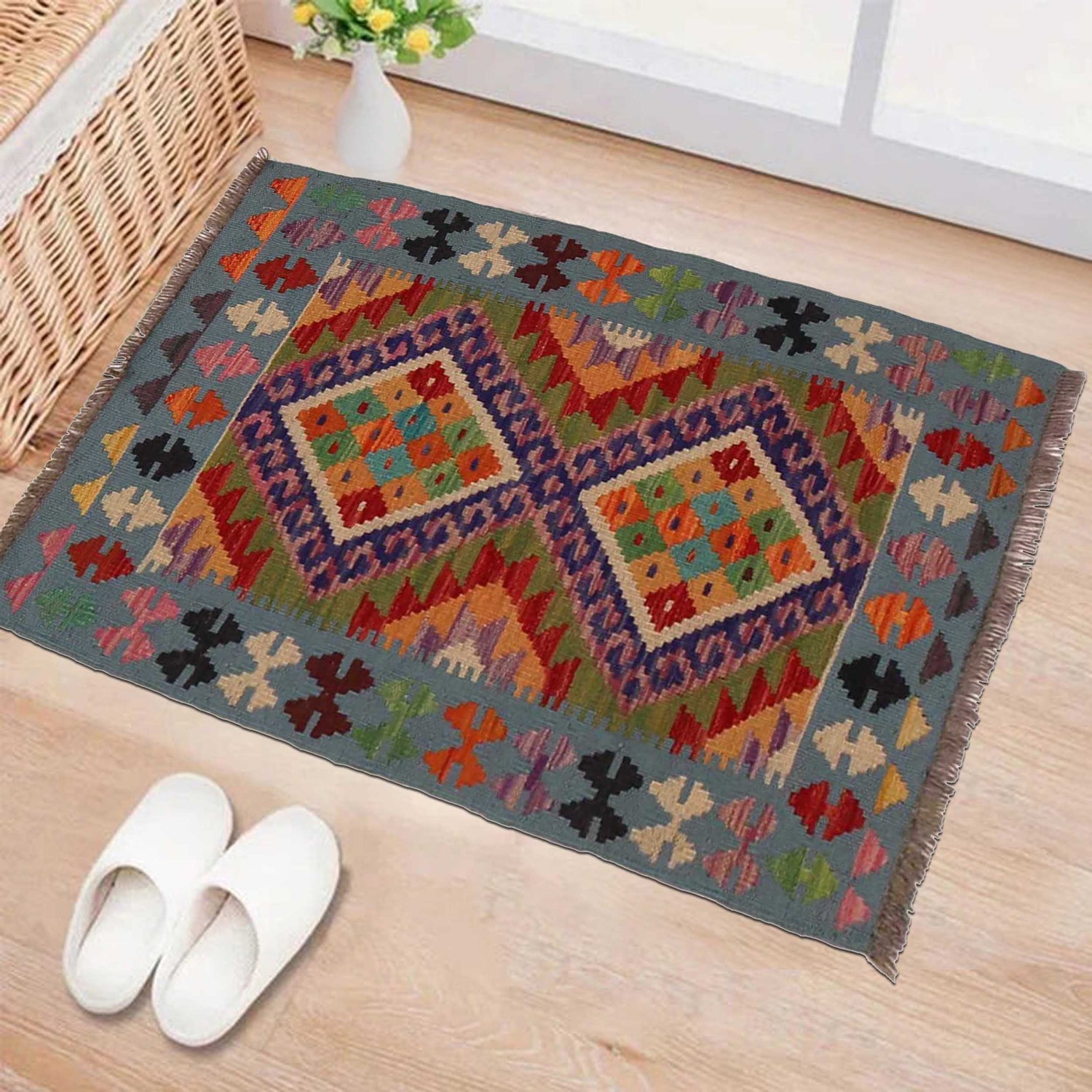 Handmade Vegetable Kilim 1' 11" x 2' 11" ft / 58 x 88 cm - No. B35127