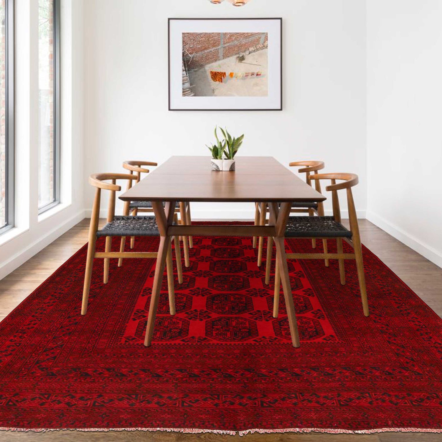Handmade Red Afghan Filpa Area Carpet - Oriental Wool Rug 6' 10" x 9' 3" ft / 208 x 281 cm - No. B35148