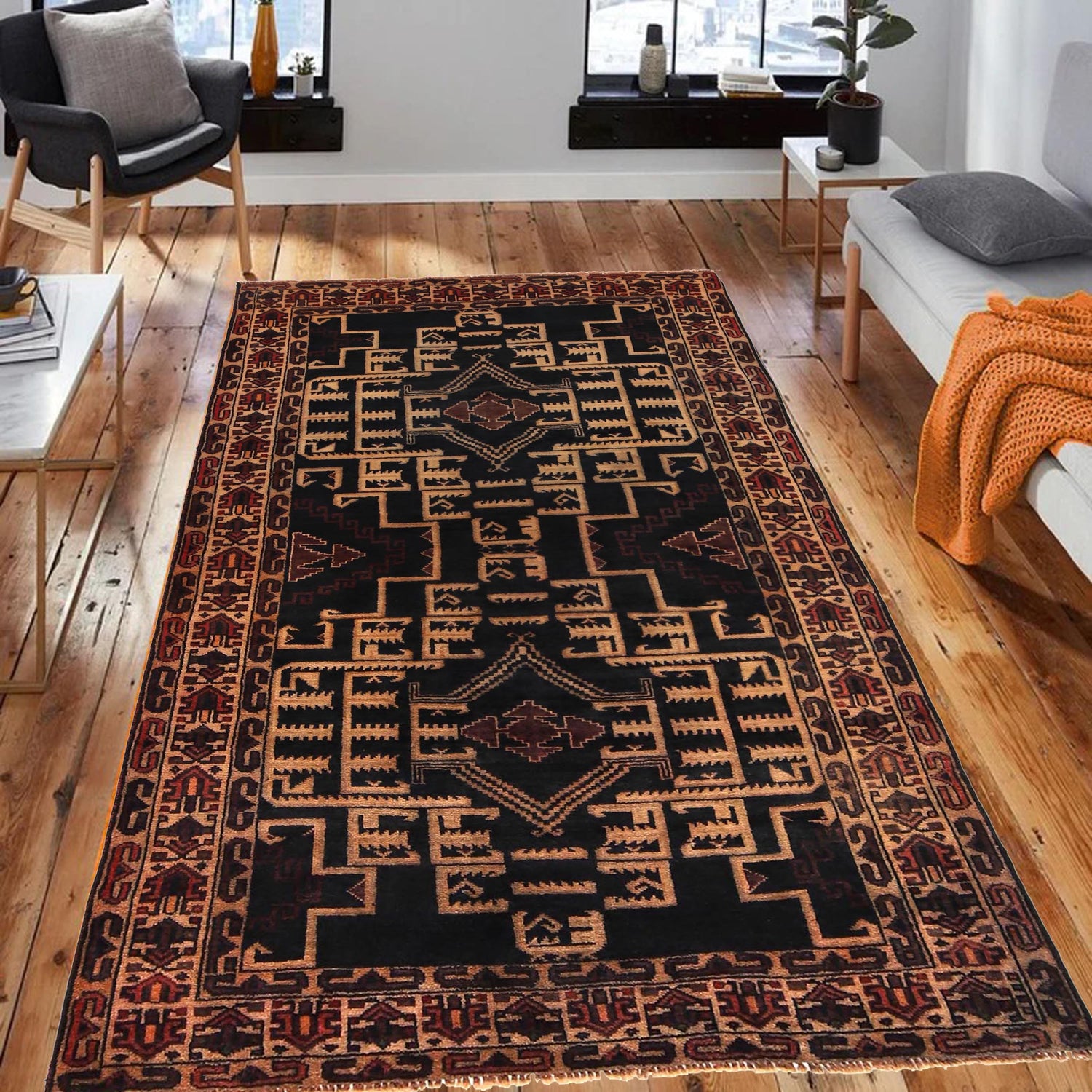 Traditional Baloch Rug 3' 8" x 6' 8" ft / 113 x 204 cm - No. B35181