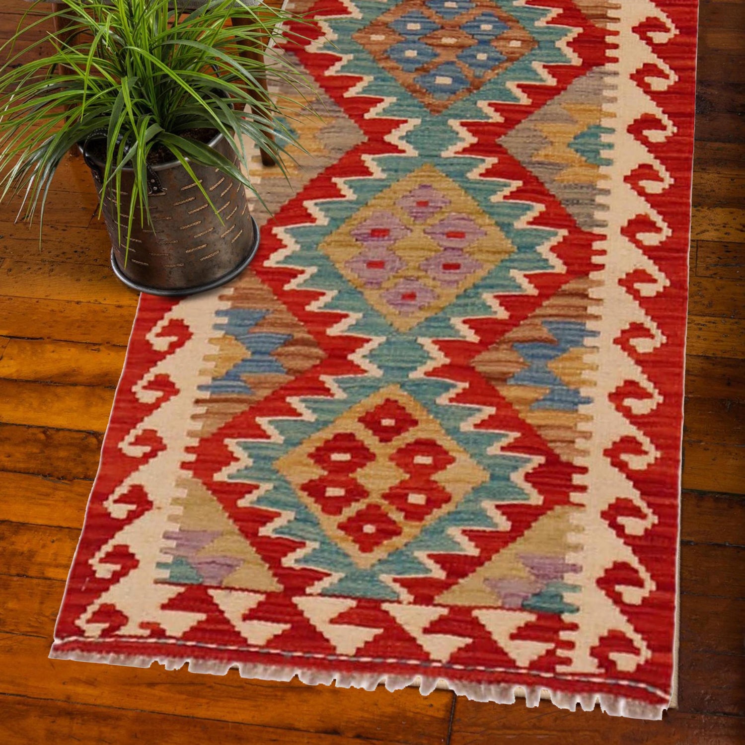 Hand Knotted Afghan Style Kilim Runner 1' 10" x 4' 11" ft / 56 x 151 cm - No. B35879