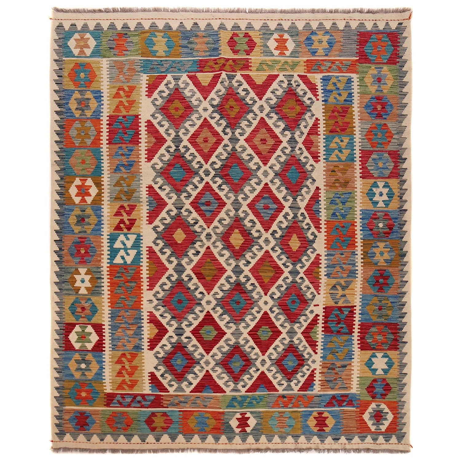 Handmade Turkish Design Wool Kilim 6' 0" x 7' 10" ft / 184 x 240 cm - No. B35923
