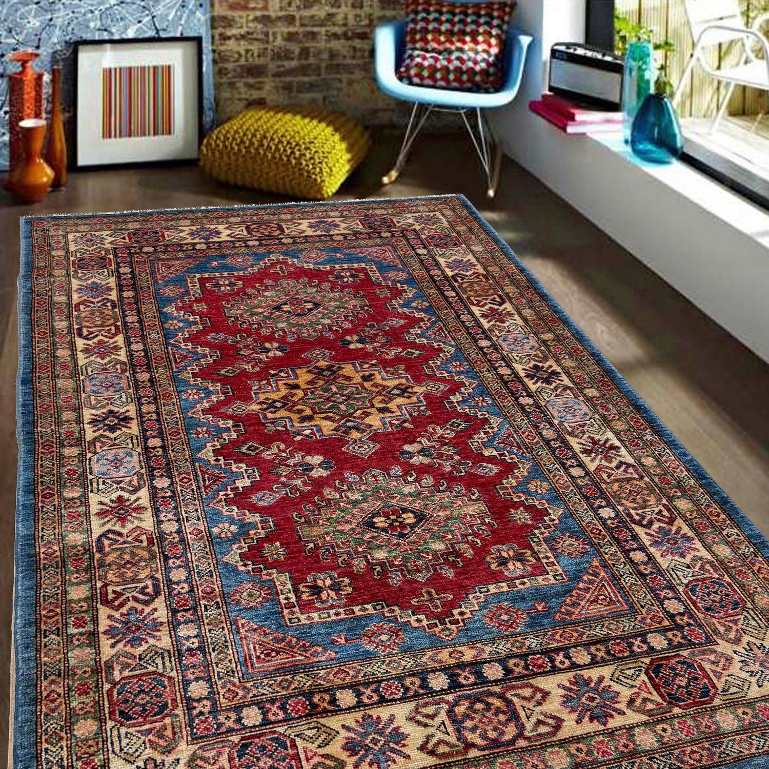 High-Quality Kazak Area Rug 4' 0" x 5' 11" ft / 123 x 181 cm - No. B39604