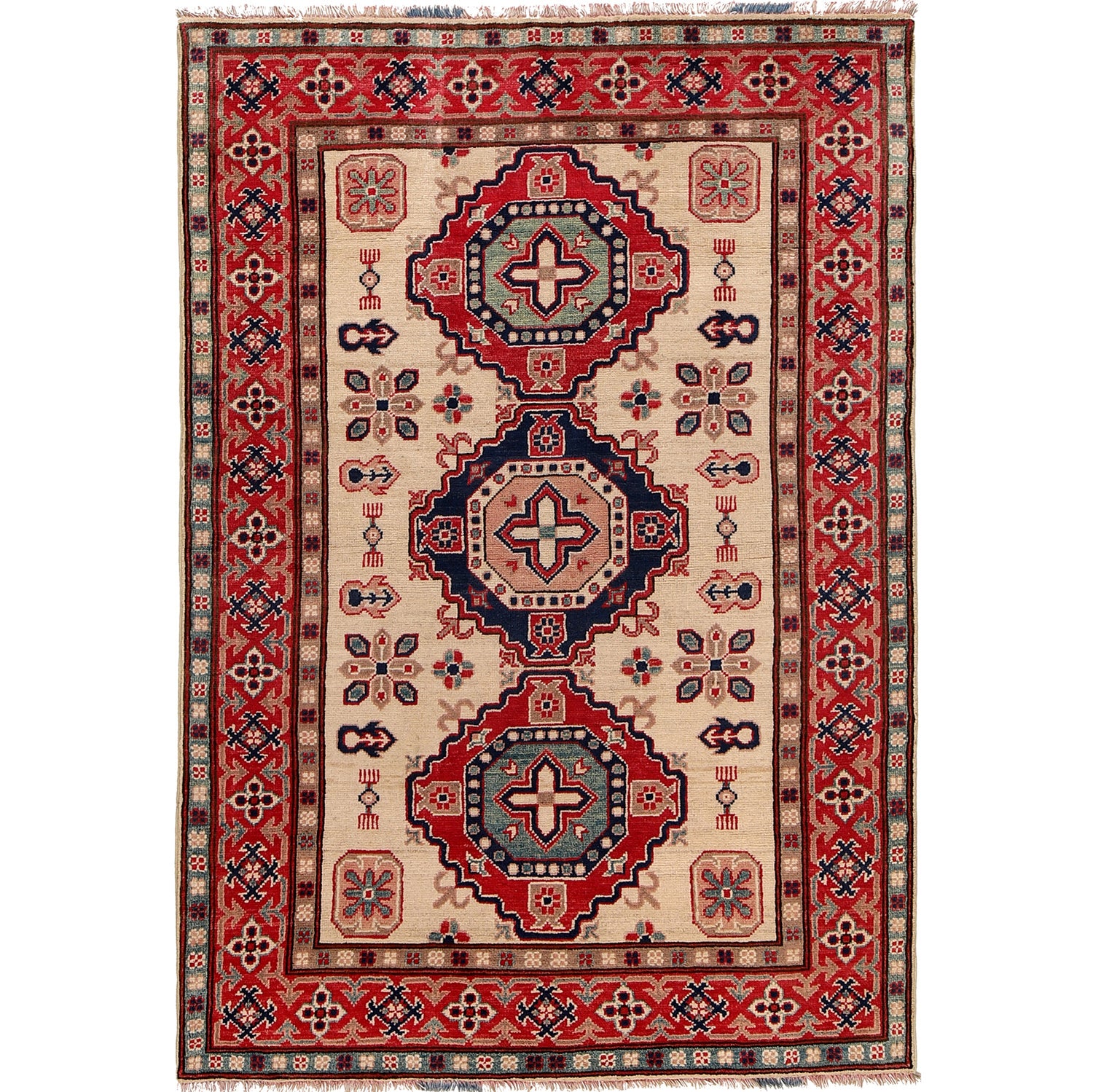 Hand Knotted Kazak Oriental Rug 4' 3" x 6' 2" ft / 129 x 189 cm - No. G24119