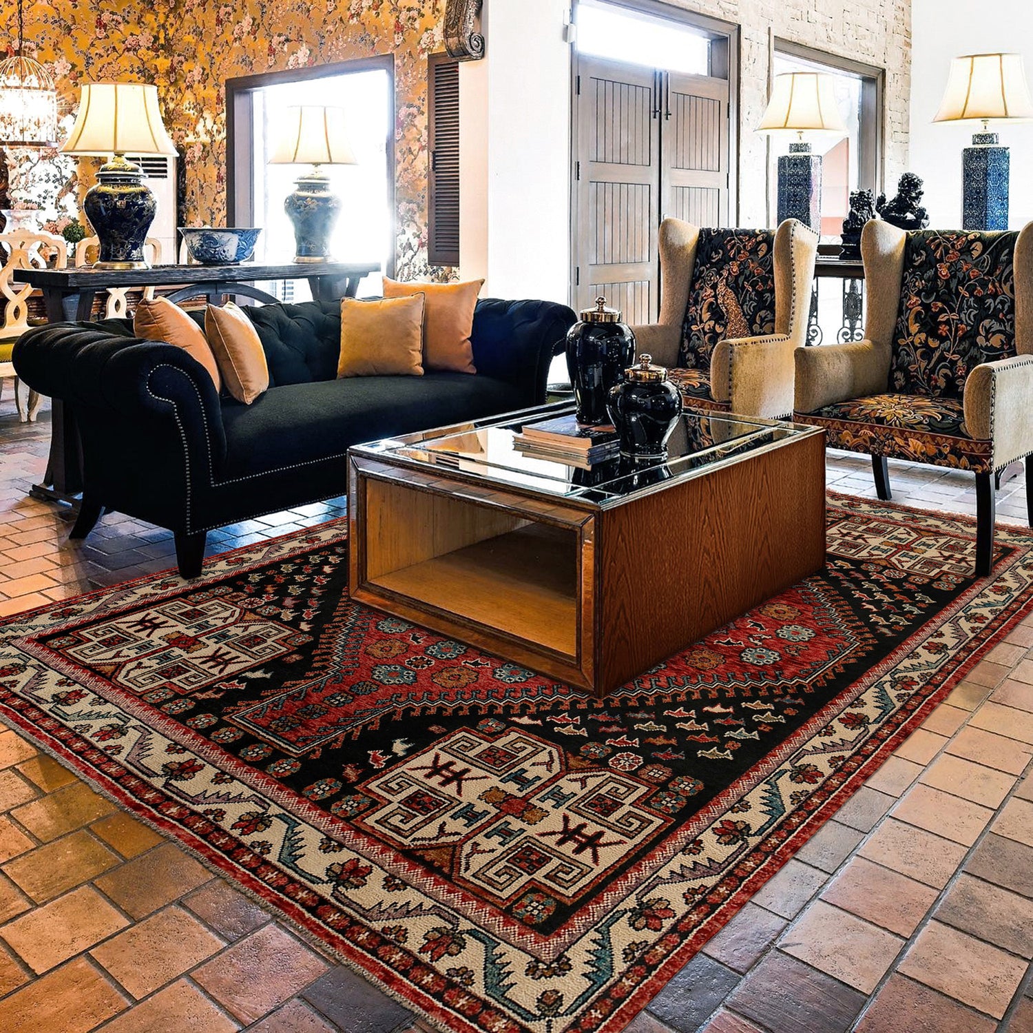 Black Color Shiraz Carpet 8' 4" x 9' 9" ft / 255 x 297 cm - No. G24357