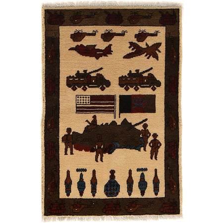 Handmade Afghan War Area Rug 2' 1" x 3' 1" ft / 63 x 94 cm - No. G24383
