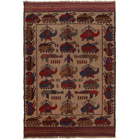 Hand-Knotted Afghan War Carpet 4' 3" x 6' 3" ft / 130 x 190 cm - No. G25882