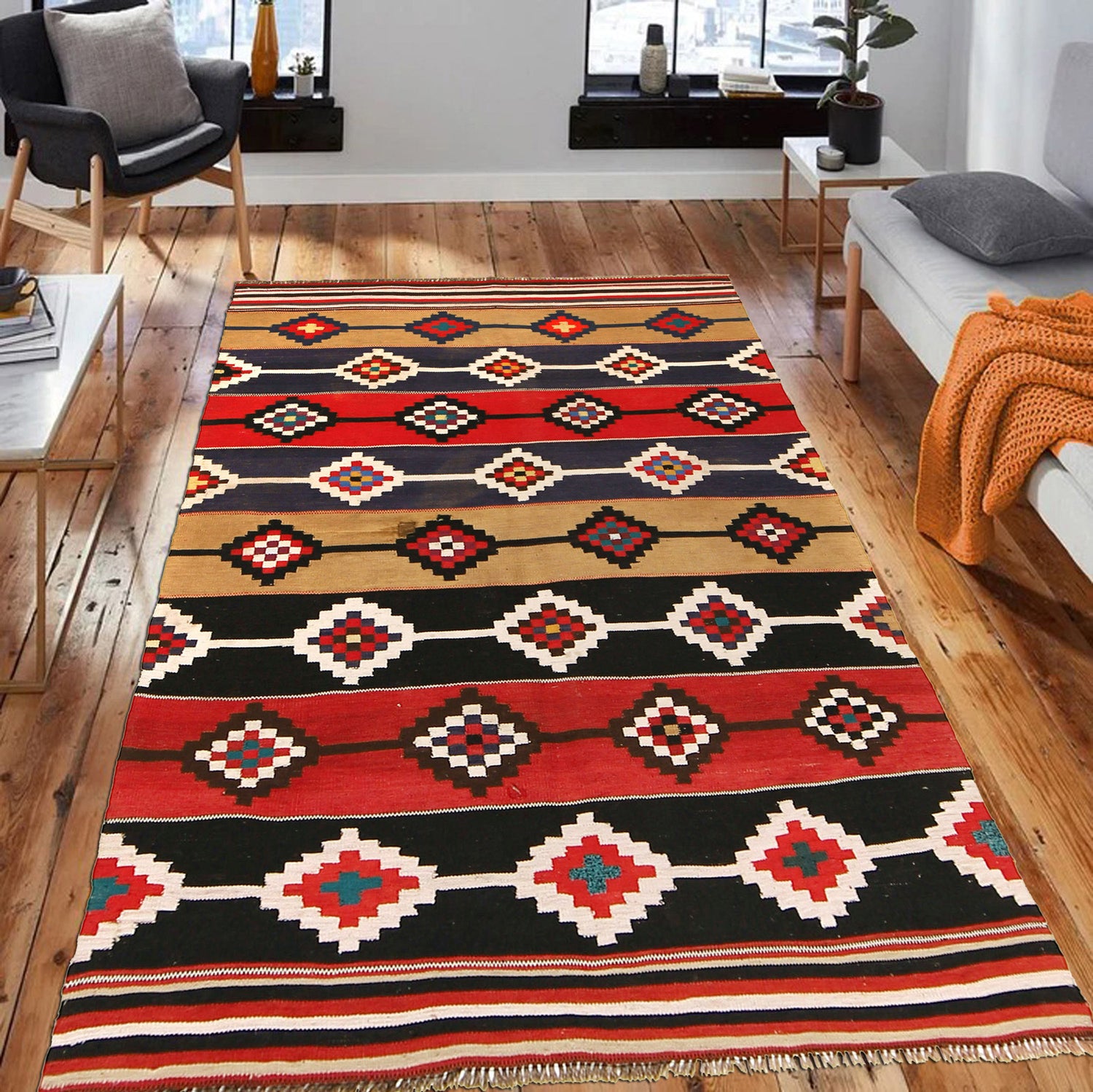 Afghan Maimana Kilim 4' 3" x 6' 8" ft / 129 x 202 cm - No. G27066