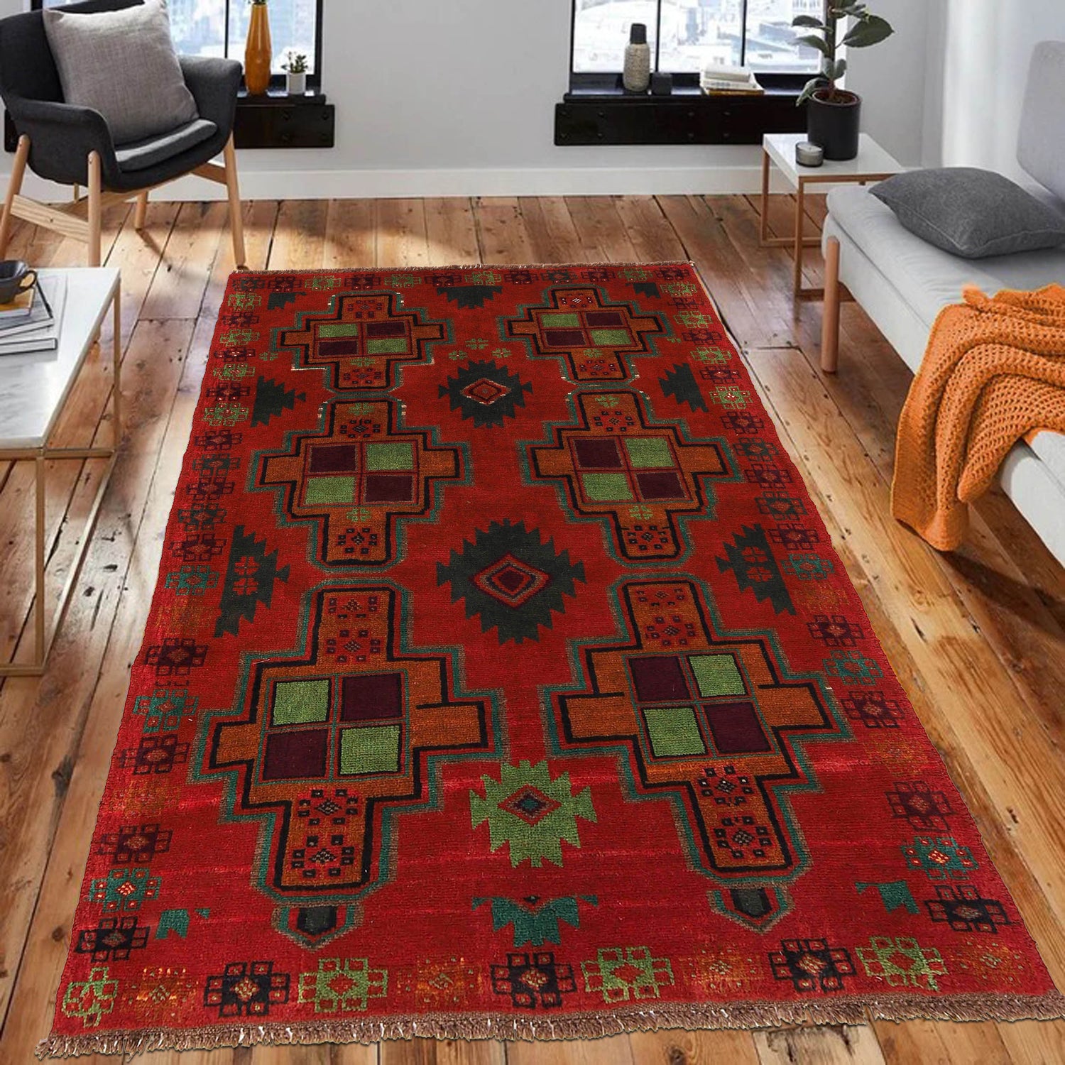Red Color Baluchi Rug 4' 1" x 6' 7" ft / 125 x 200 cm - No. G27489