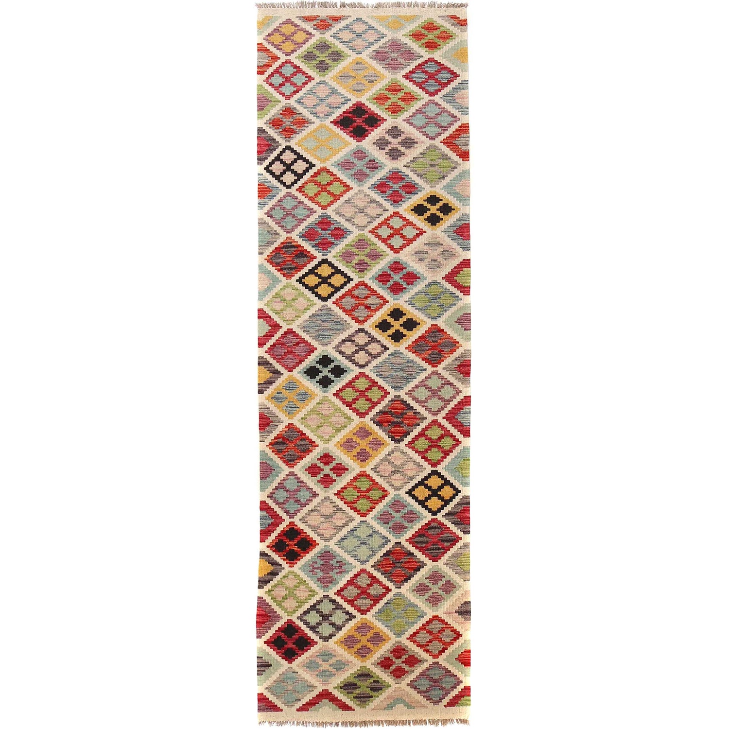 Colorful Flat-Weave Wool Kilim Runner 2' 9" x 9' 7" ft / 83 x293 cm - No. G28059