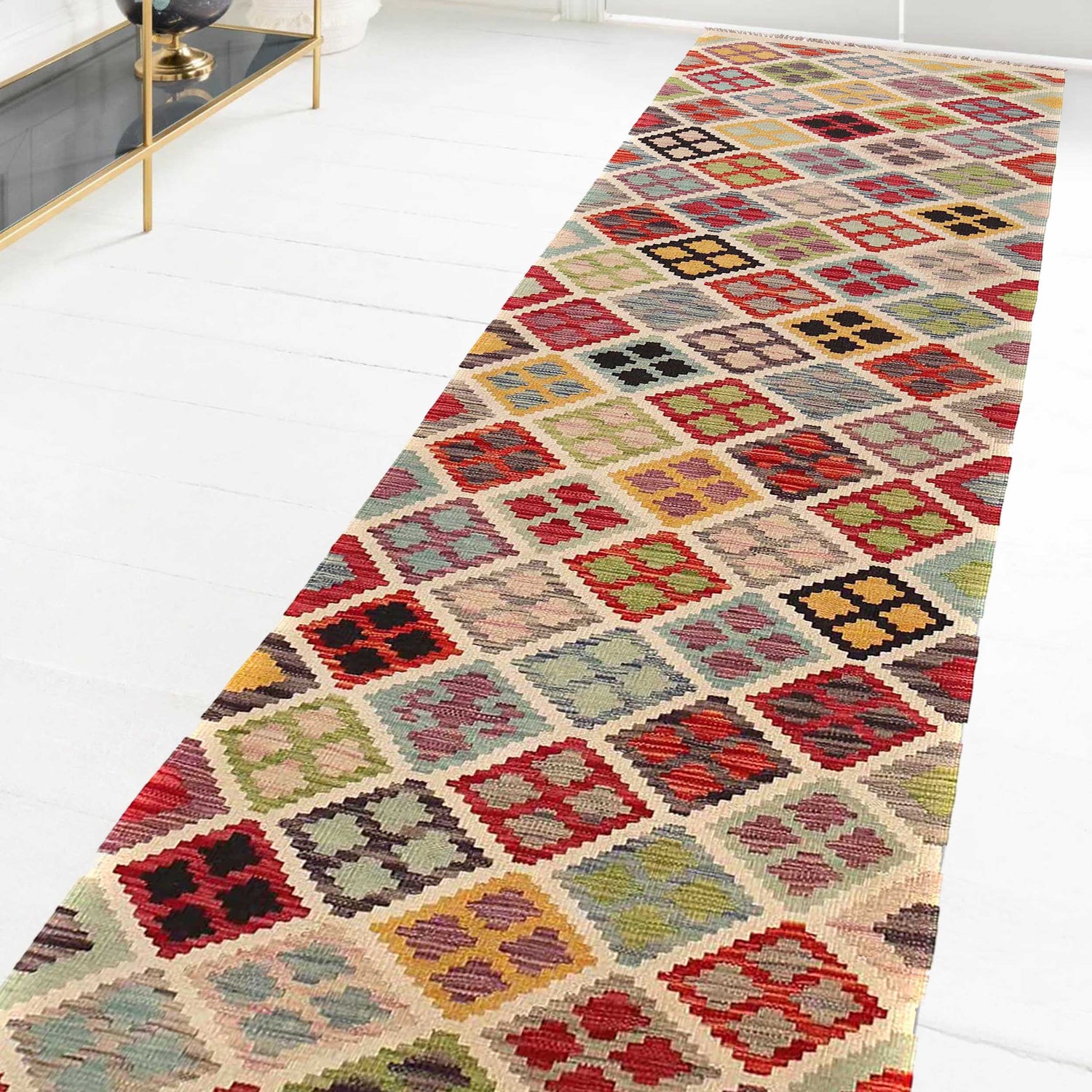 Colorful Flat-Weave Wool Kilim Runner 2' 9" x 9' 7" ft / 83 x293 cm - No. G28059