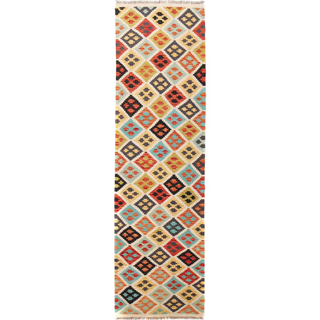 Colorful Flat-Weave Wool Kilim Runner 2' 6" x 9' 8" ft / 76 x295 cm - No. G28060