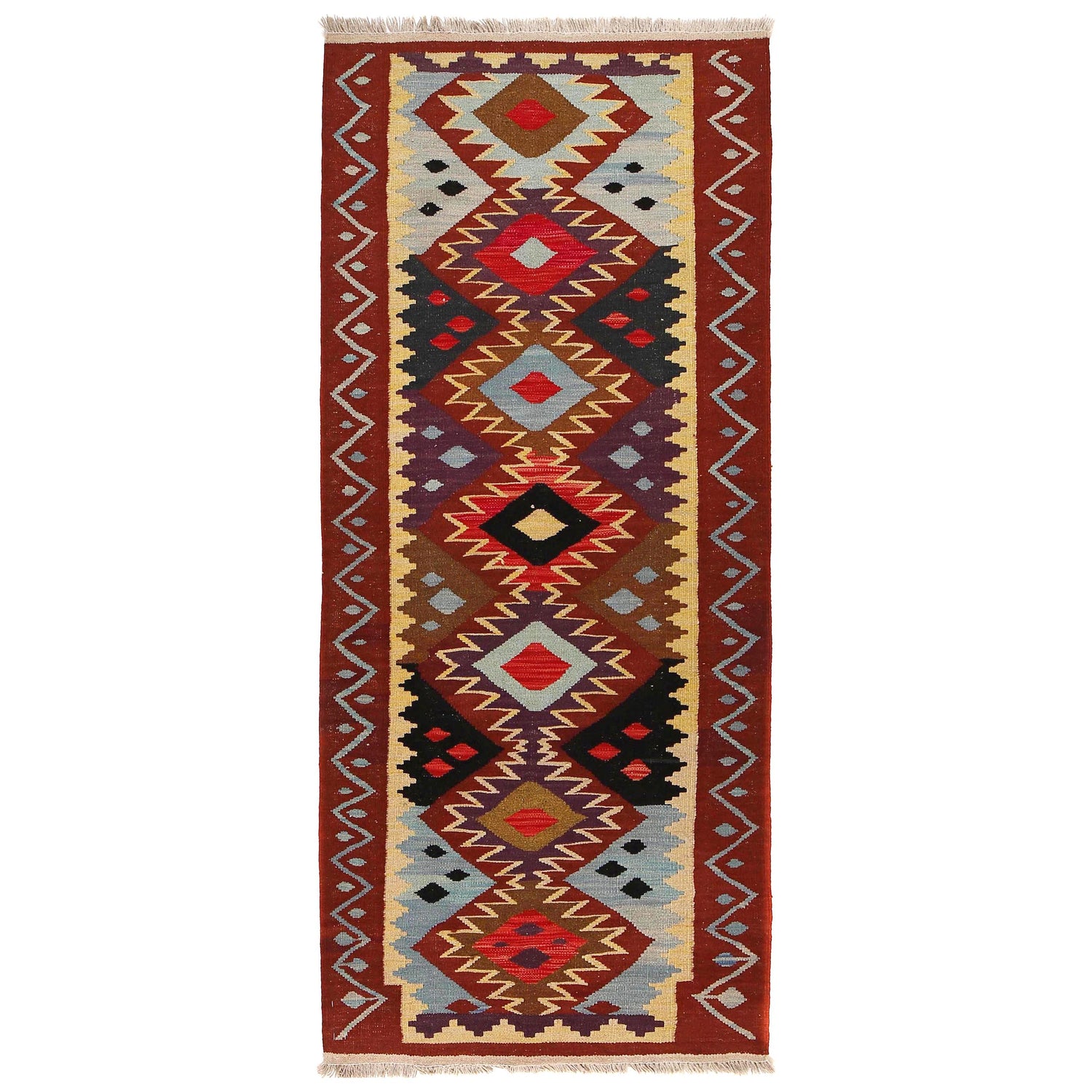 Colorful Flat-Weave Wool Kilim Runner 2' 7" x 6' 5" ft / 80 x 196 cm - No. G29669