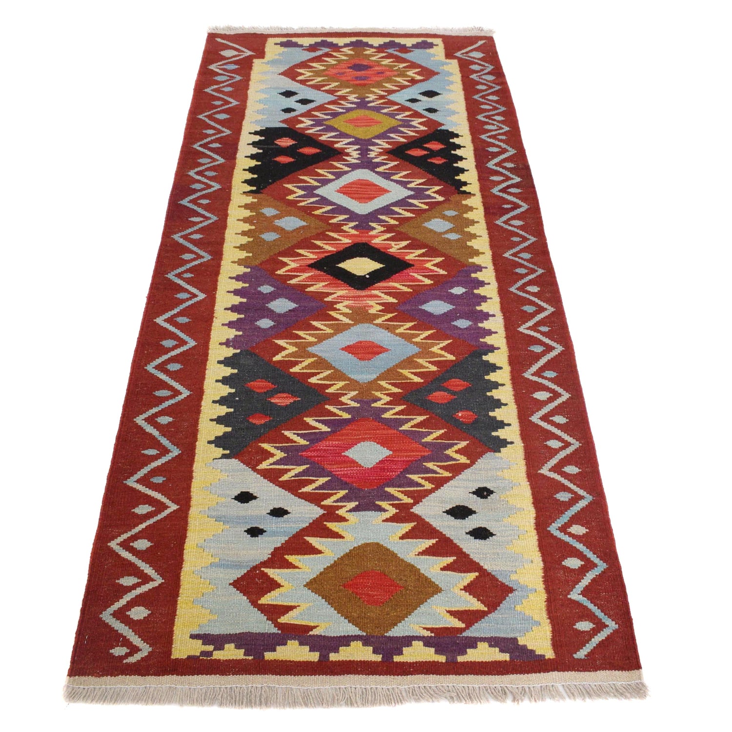 Colorful Flat-Weave Wool Kilim Runner 2' 7" x 6' 5" ft / 80 x 196 cm - No. G29669
