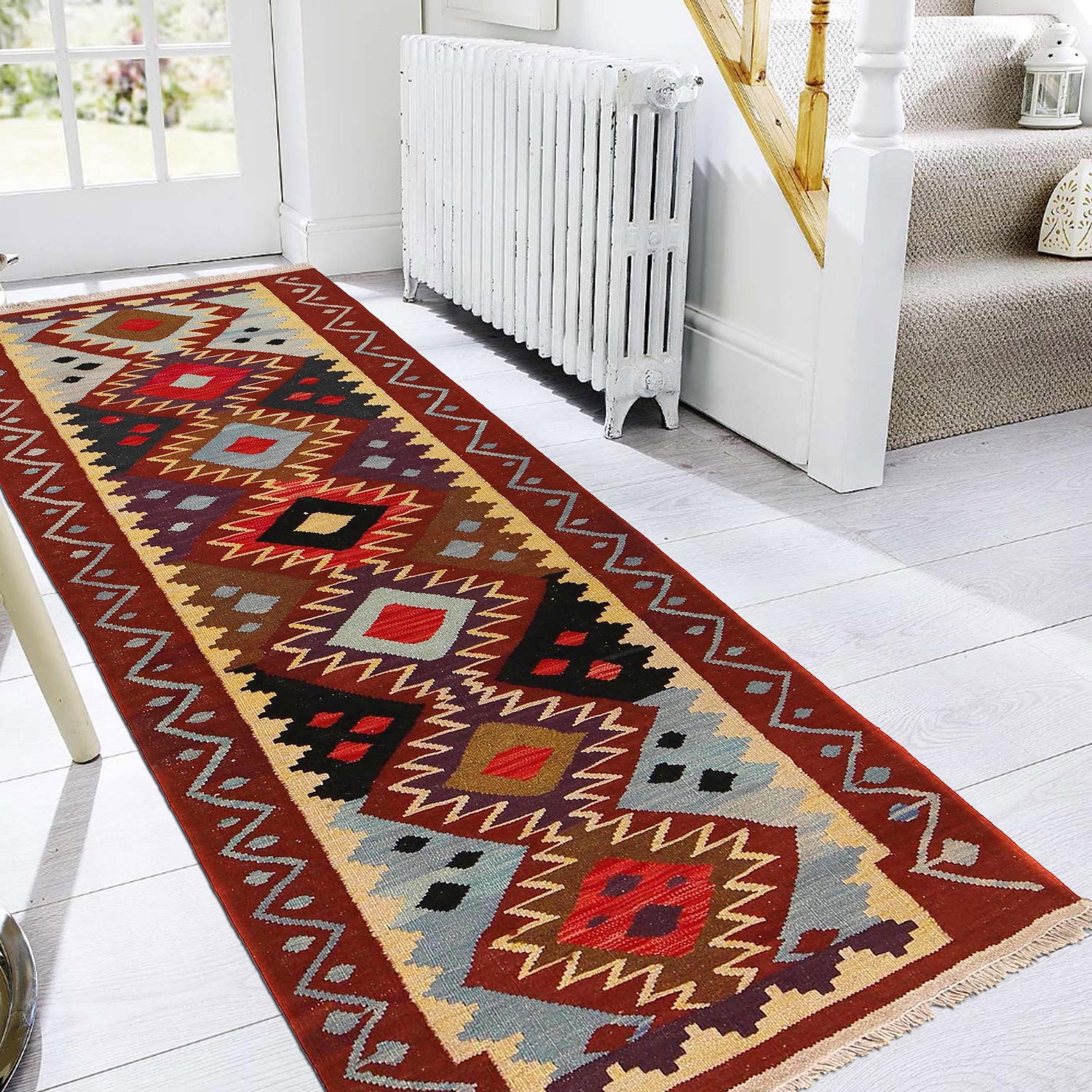 Colorful Flat-Weave Wool Kilim Runner 2' 7" x 6' 5" ft / 80 x 196 cm - No. G29669