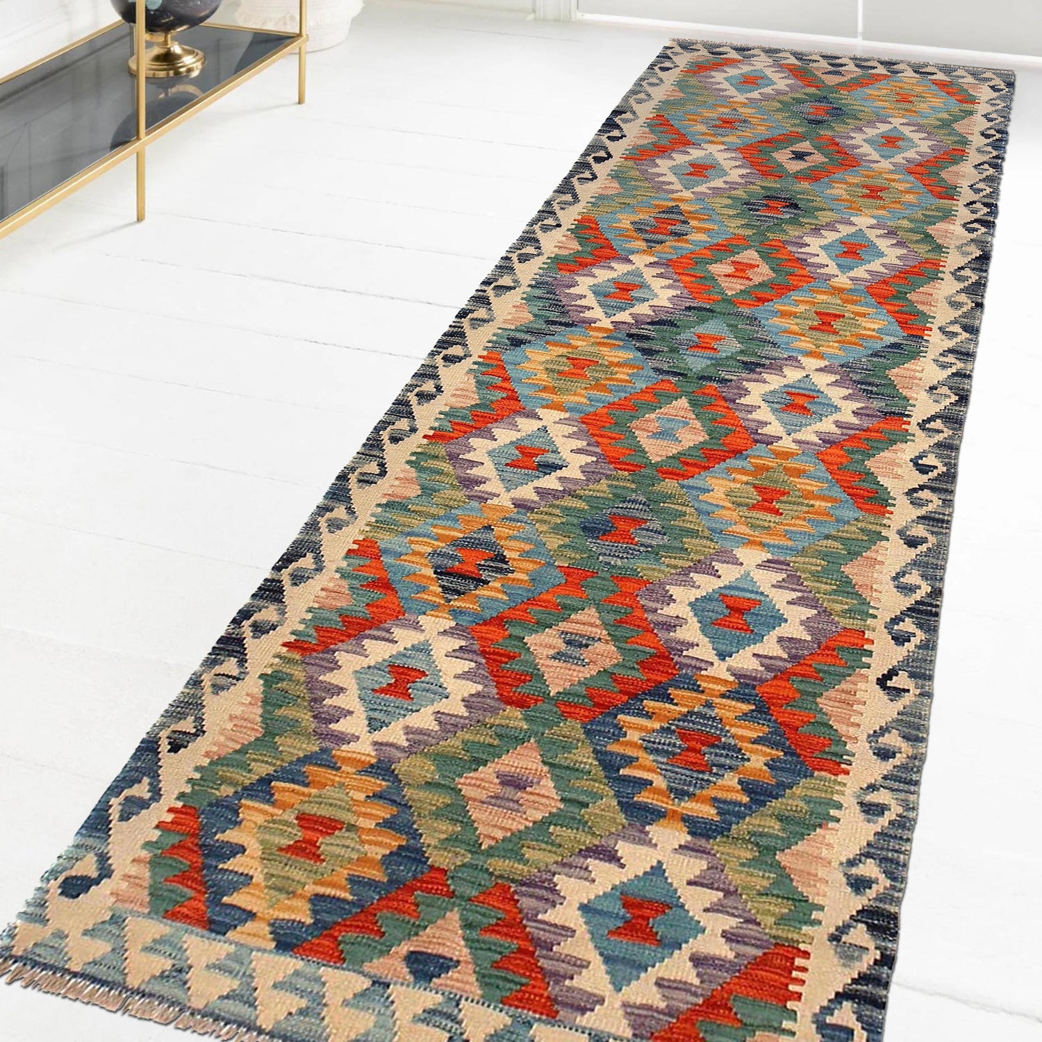 Hand Woven Wool Kelim Runner 2' 10" x 9' 9" ft / 86 x 297 cm - No. G29743