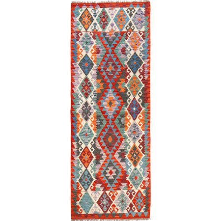 Colorful Flat-Weave Wool Kilim Runner 2' 9" x 8' 0" ft / 83 x245 cm - No. G29763