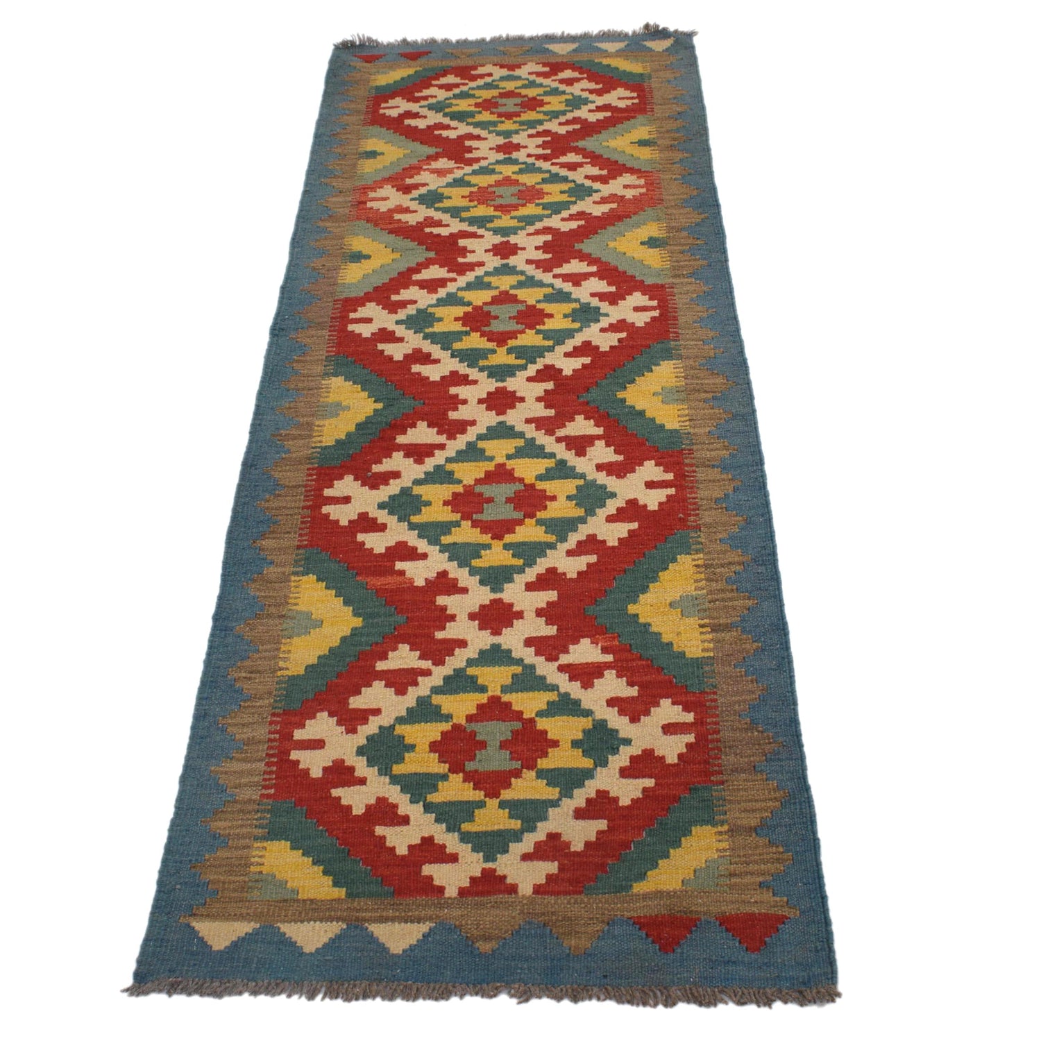 Colorful Flat-Weave Wool Kilim Runner 2' 2"x 6' 7" ft / 65 x 200 cm - No. G31271