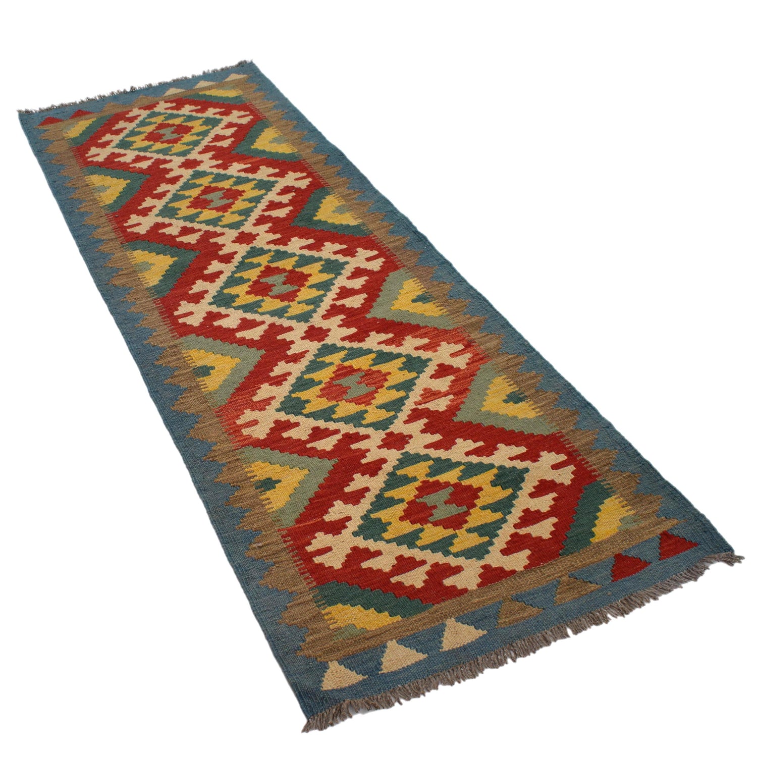Colorful Flat-Weave Wool Kilim Runner 2' 2"x 6' 7" ft / 65 x 200 cm - No. G31271