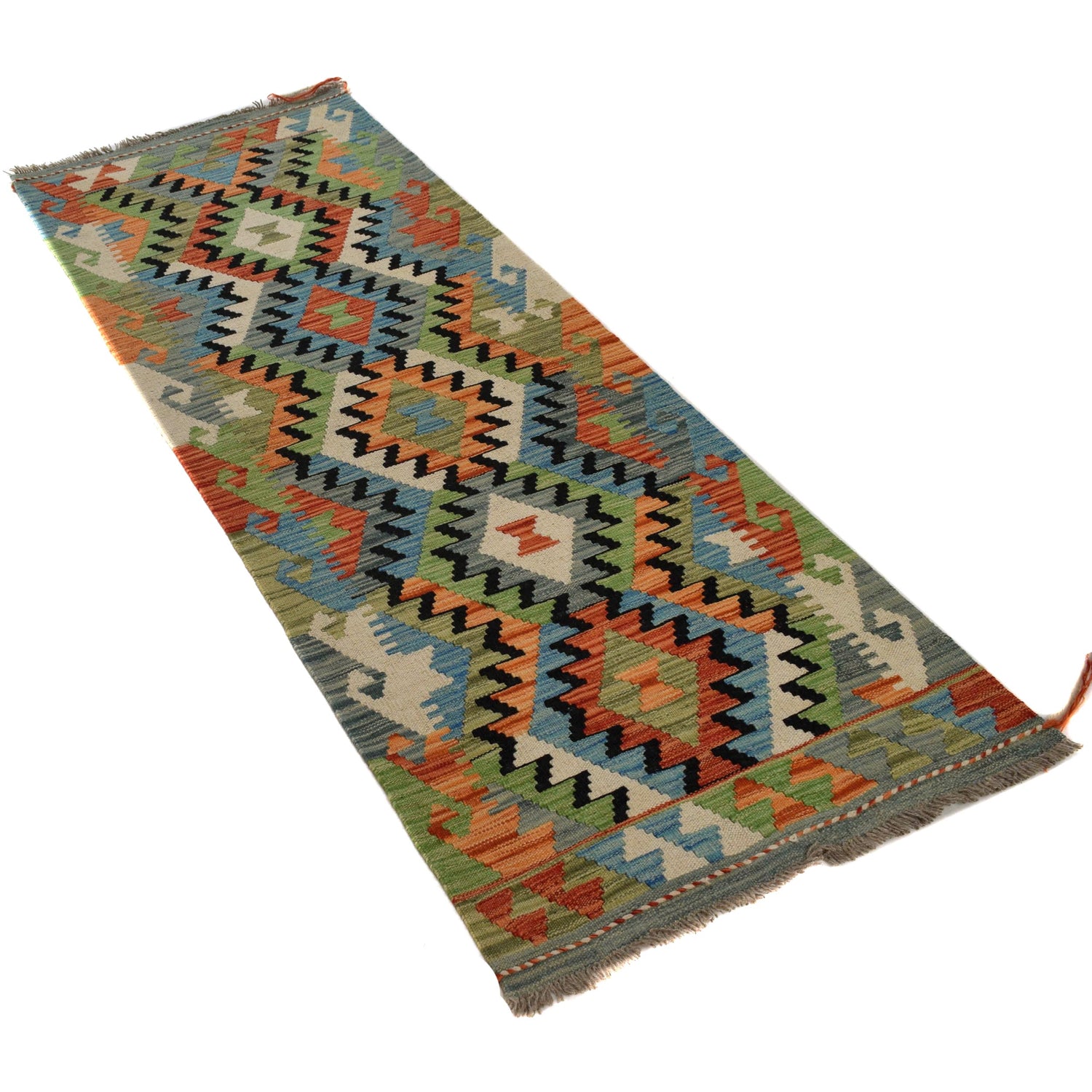 Colorful Flat-Weave Wool Kilim Runner 2' 2"x 6' 5" ft / 65 x 196 cm - No. G31273