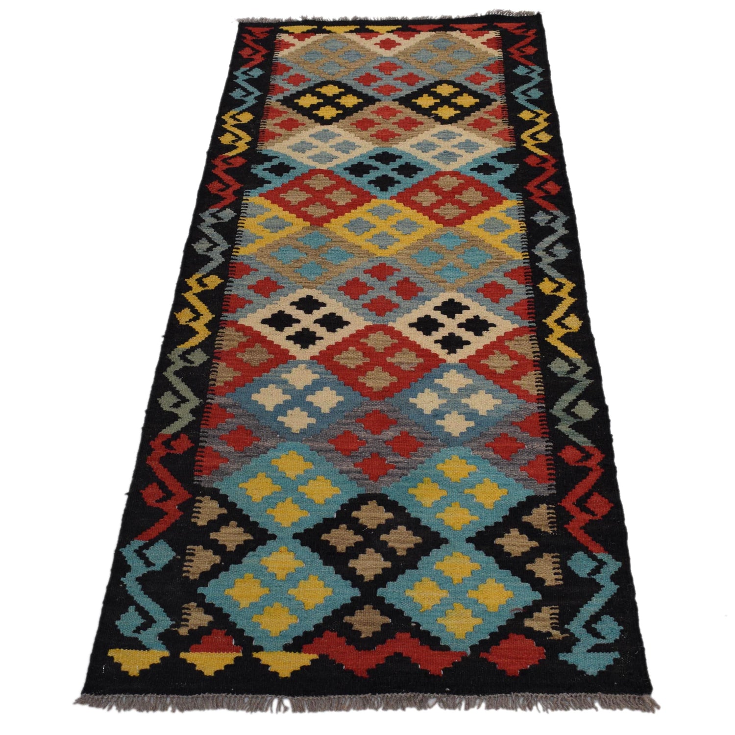 Colorful Flat-Weave Wool Kilim Runner 2' 2"x 6' 6" ft / 67 x 198 cm - No. G31274