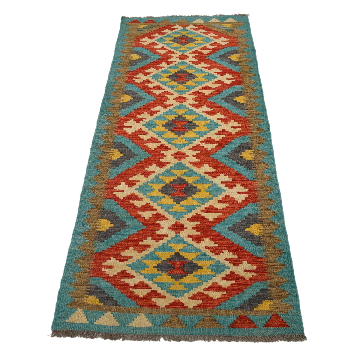 Colorful Flat-Weave Wool Kilim Runner 2' 2"x 6' 7" ft / 67 x 201 cm - No. G31275