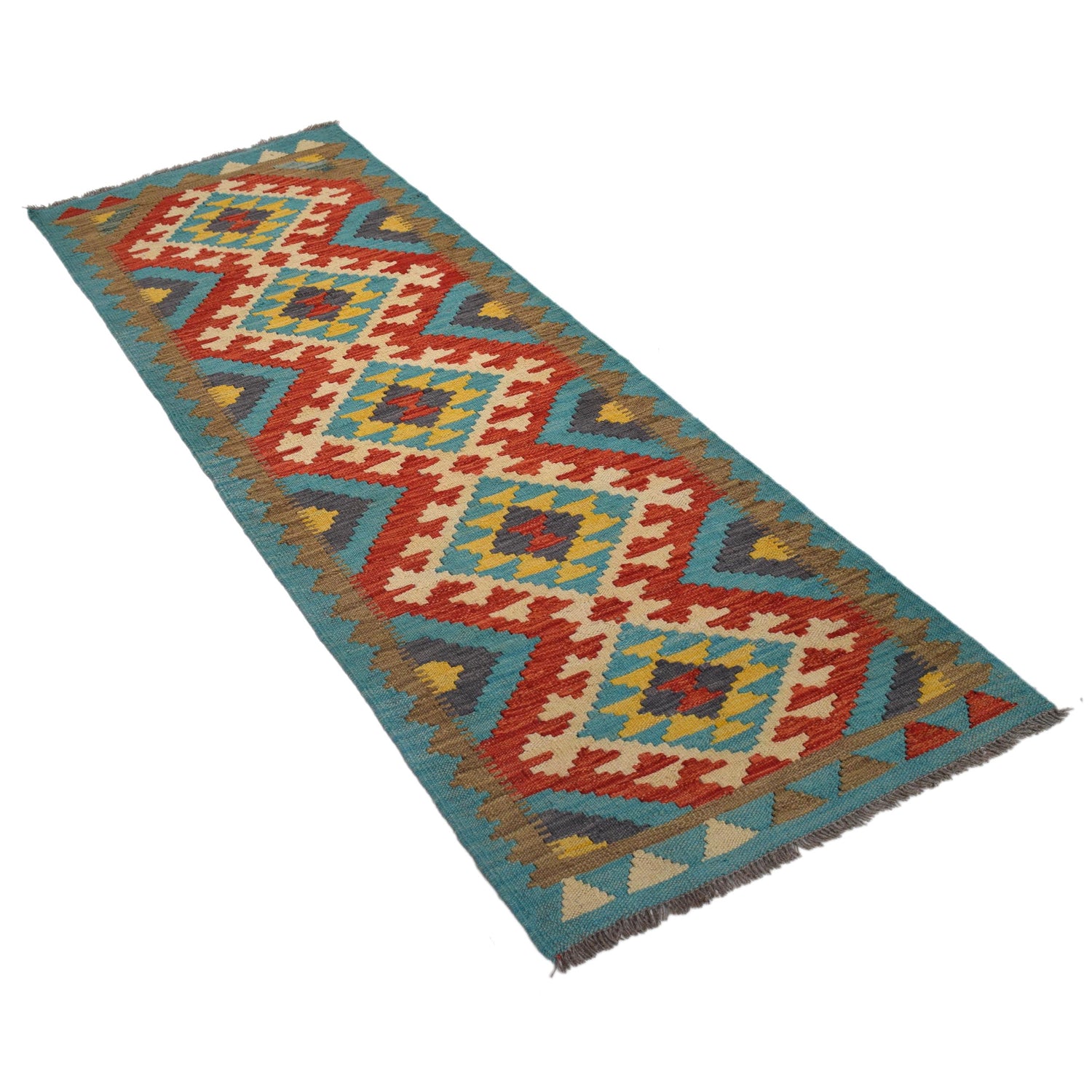 Colorful Flat-Weave Wool Kilim Runner 2' 2"x 6' 7" ft / 67 x 201 cm - No. G31275