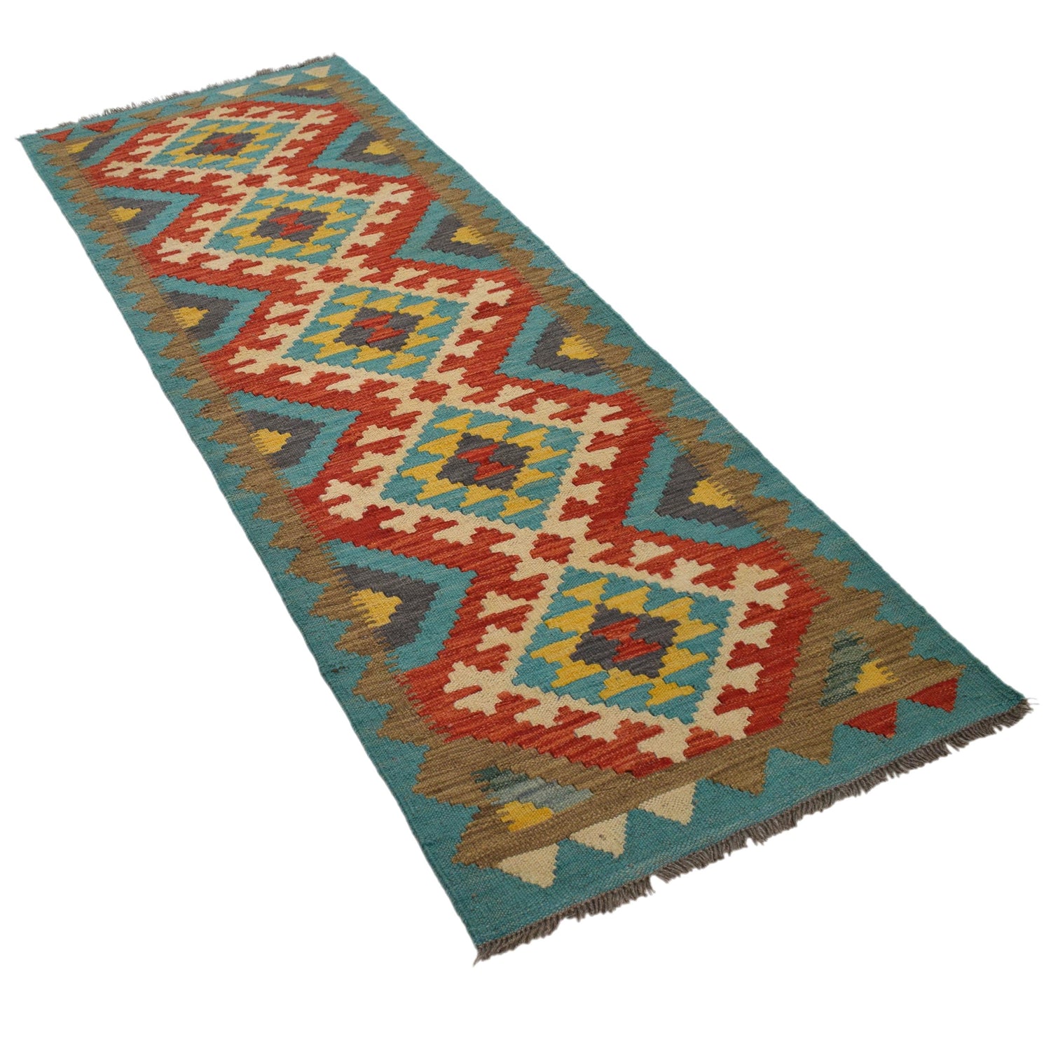 Colorful Flat-Weave Wool Kilim Runner 2' 2"x 6' 7" ft / 67 x 201 cm - No. G31275